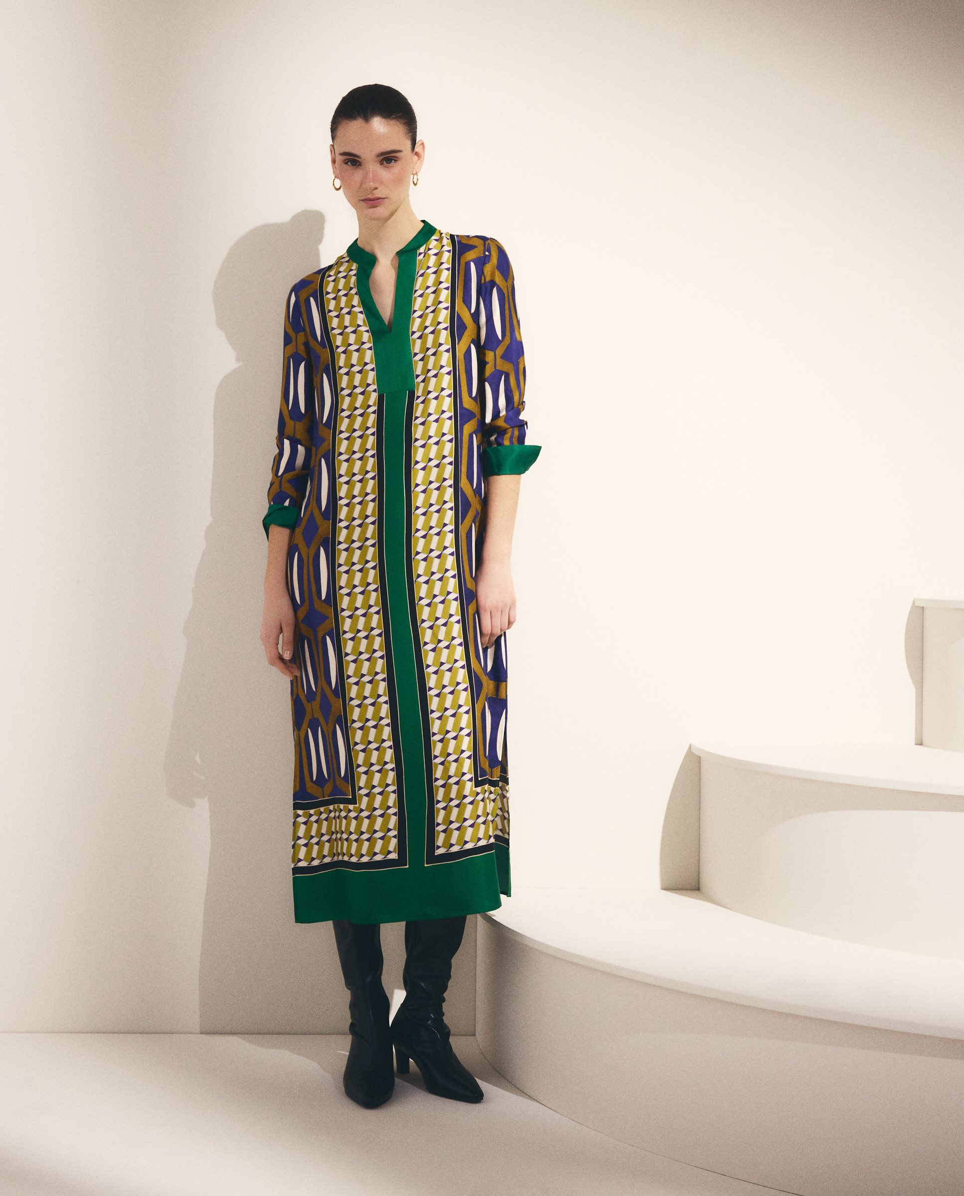 Vestido de Manga Comprida com Estampado Geométrico Verde-2