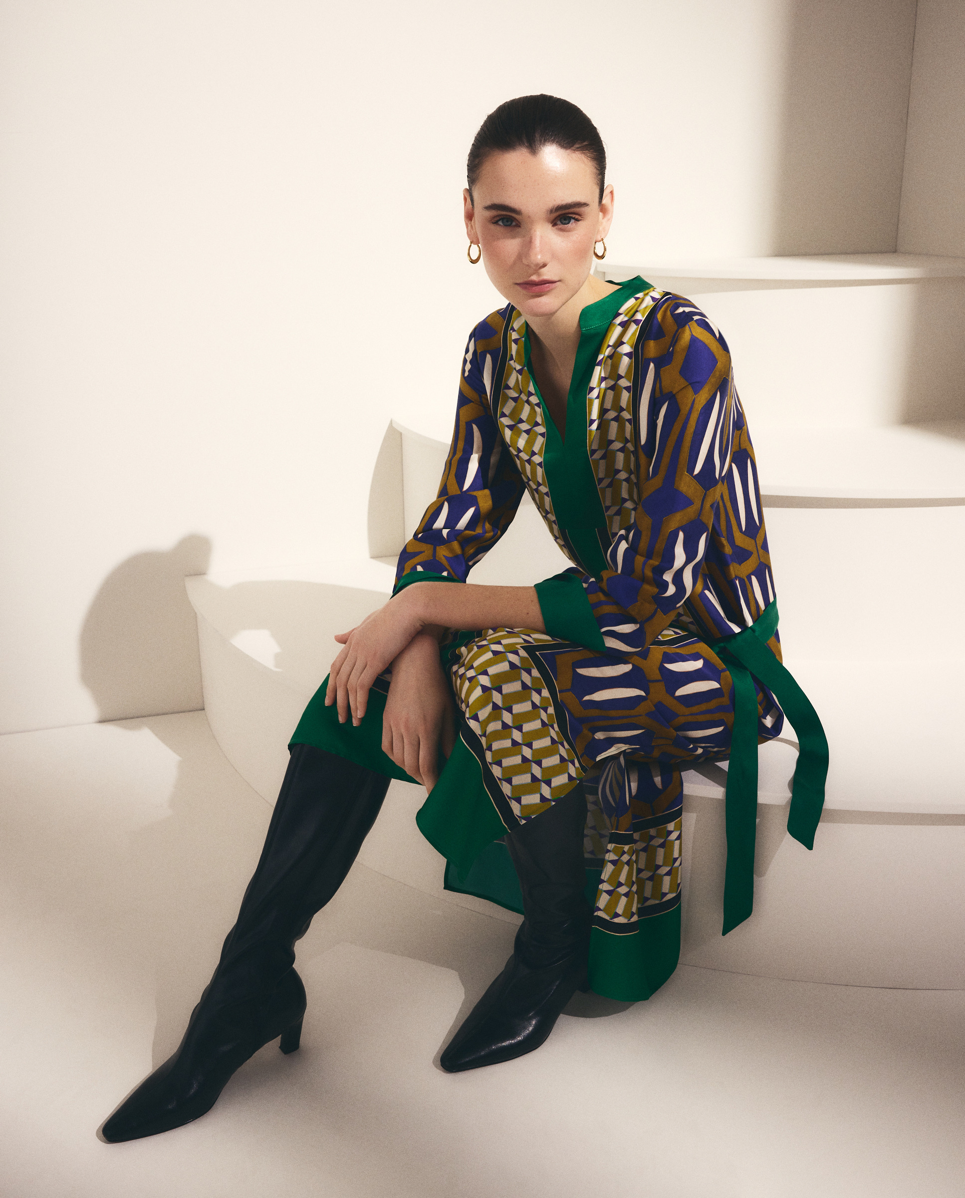 Vestido de Manga Comprida com Estampado Geométrico Verde-1