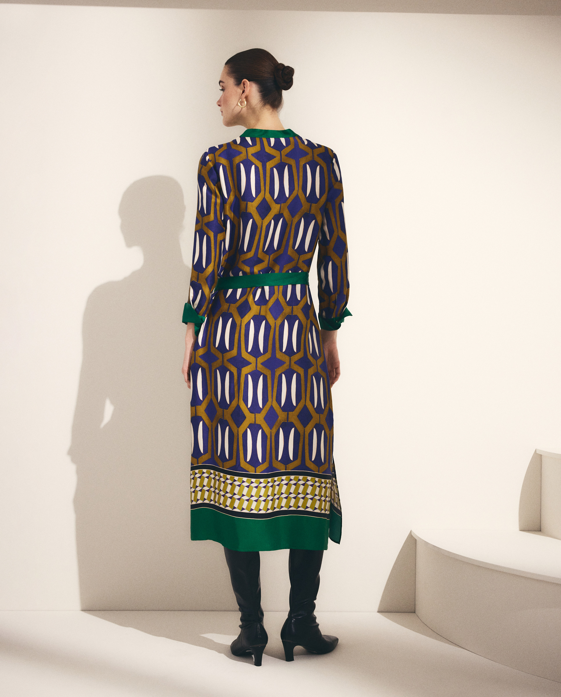 Vestido de Manga Comprida com Estampado Geométrico Verde-4