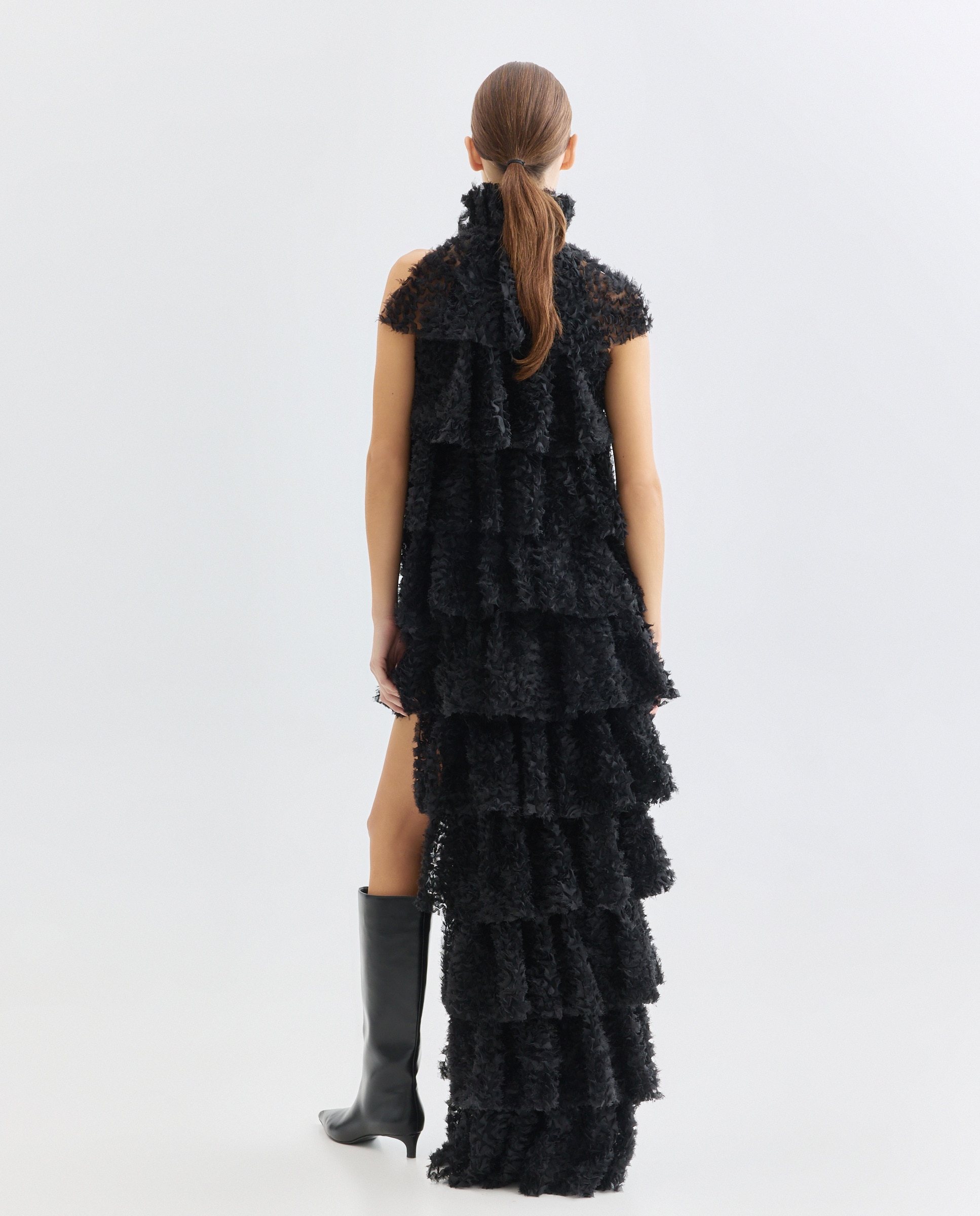 Vestido de Malha com Folhos Preto-3