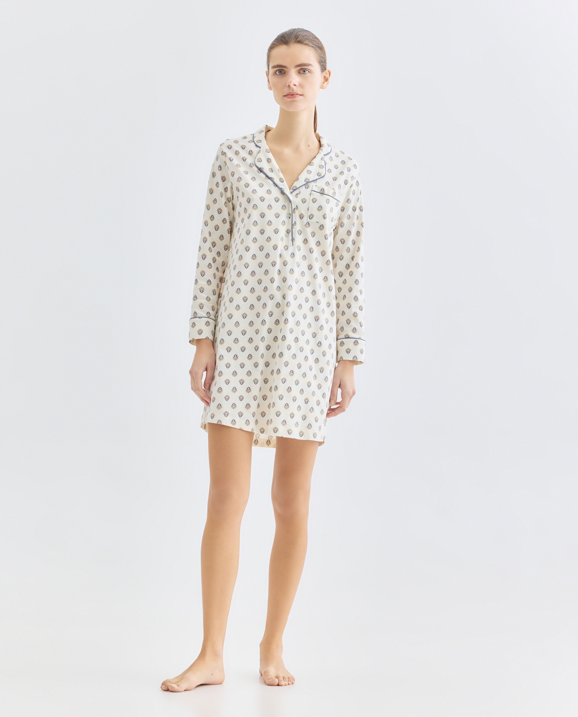 Camisón mujer solapa algodón Blanco roto-1