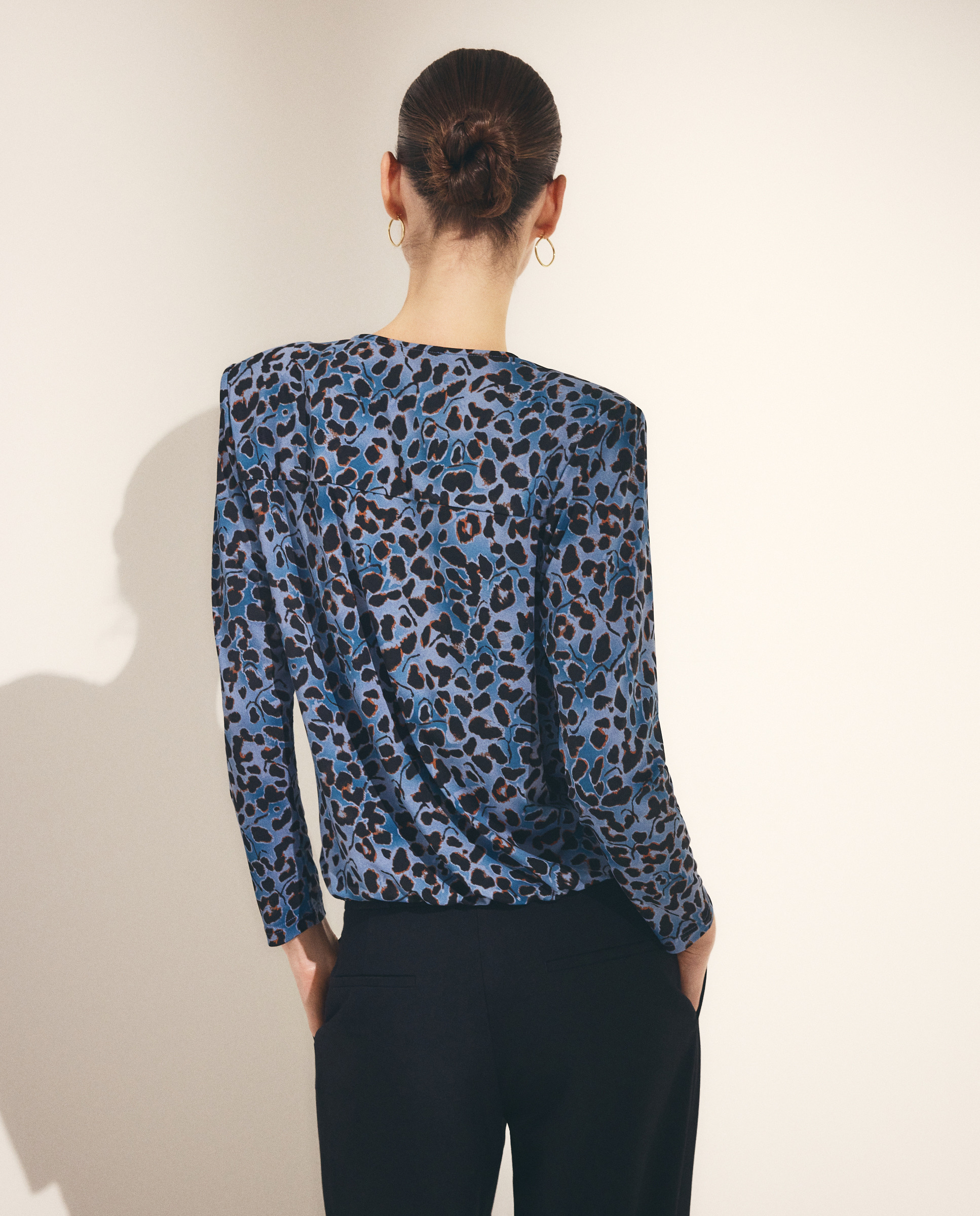 Camisola de Manga Comprida Cruzada com Animal Print Azul-3
