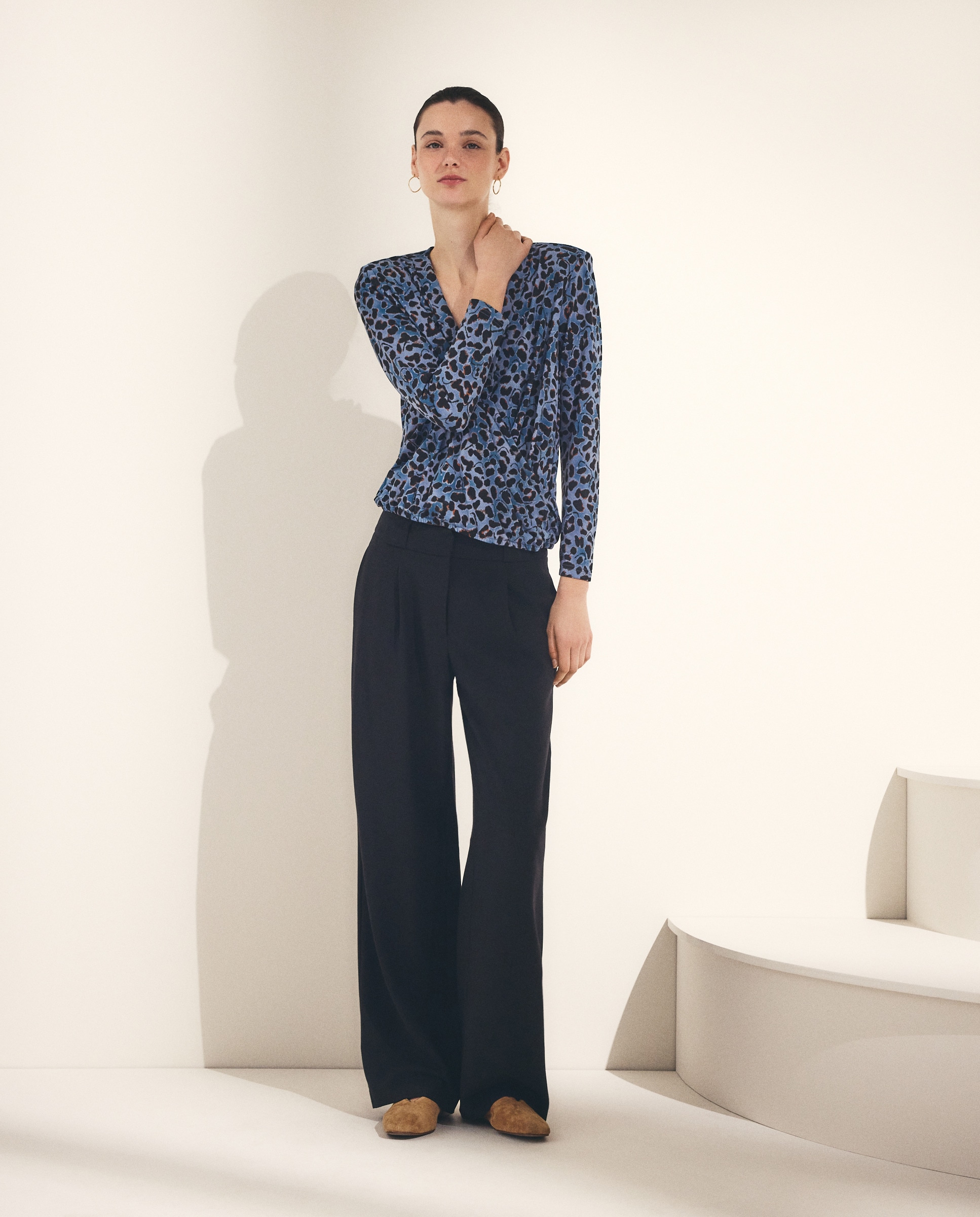 Camisola de Manga Comprida Cruzada com Animal Print Azul-1