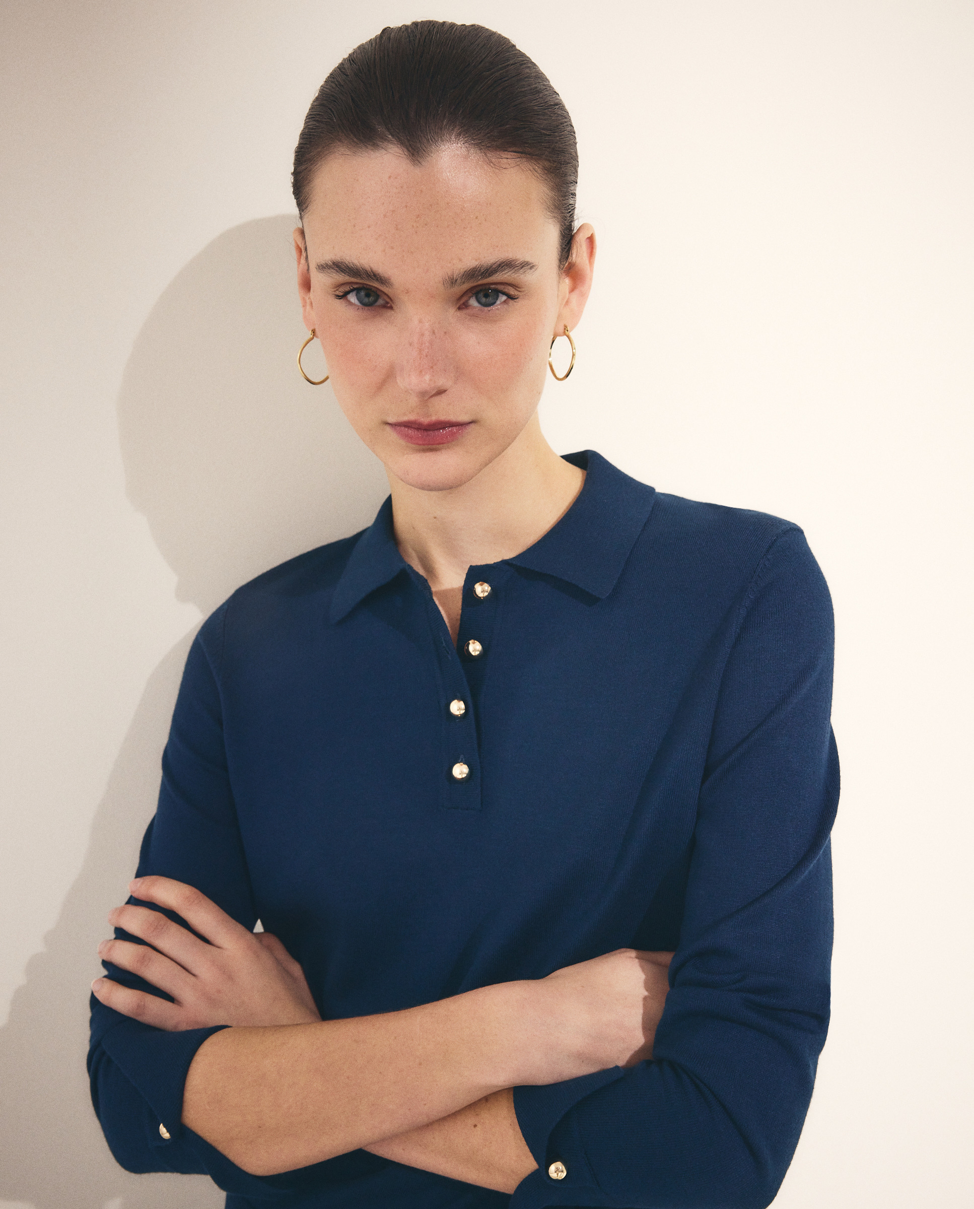 Camisola de Malha com Colarinho de Polo e Botões Grandes Azul-escuro-3