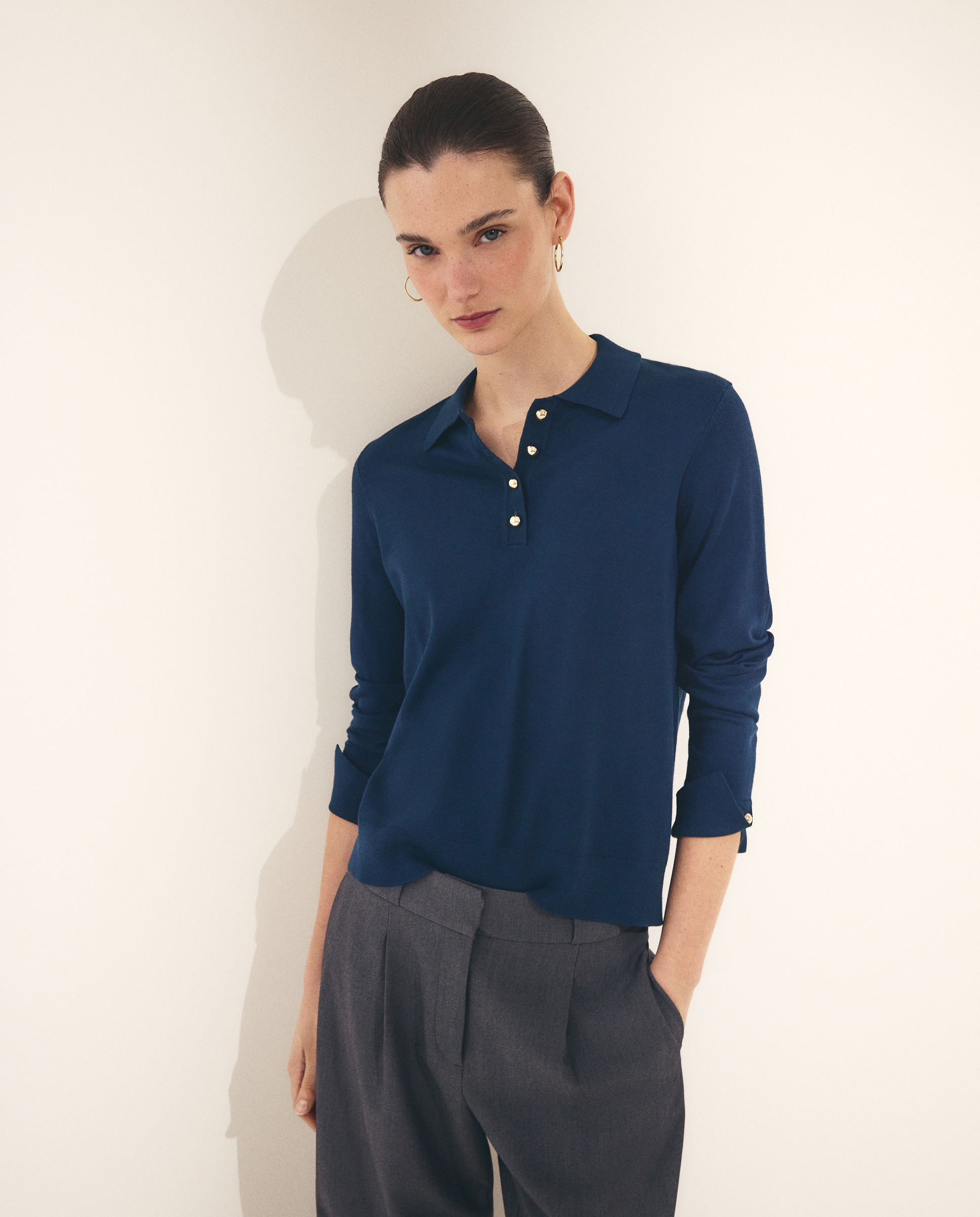 Camisola de Malha com Colarinho de Polo e Botões Grandes Azul-escuro-1