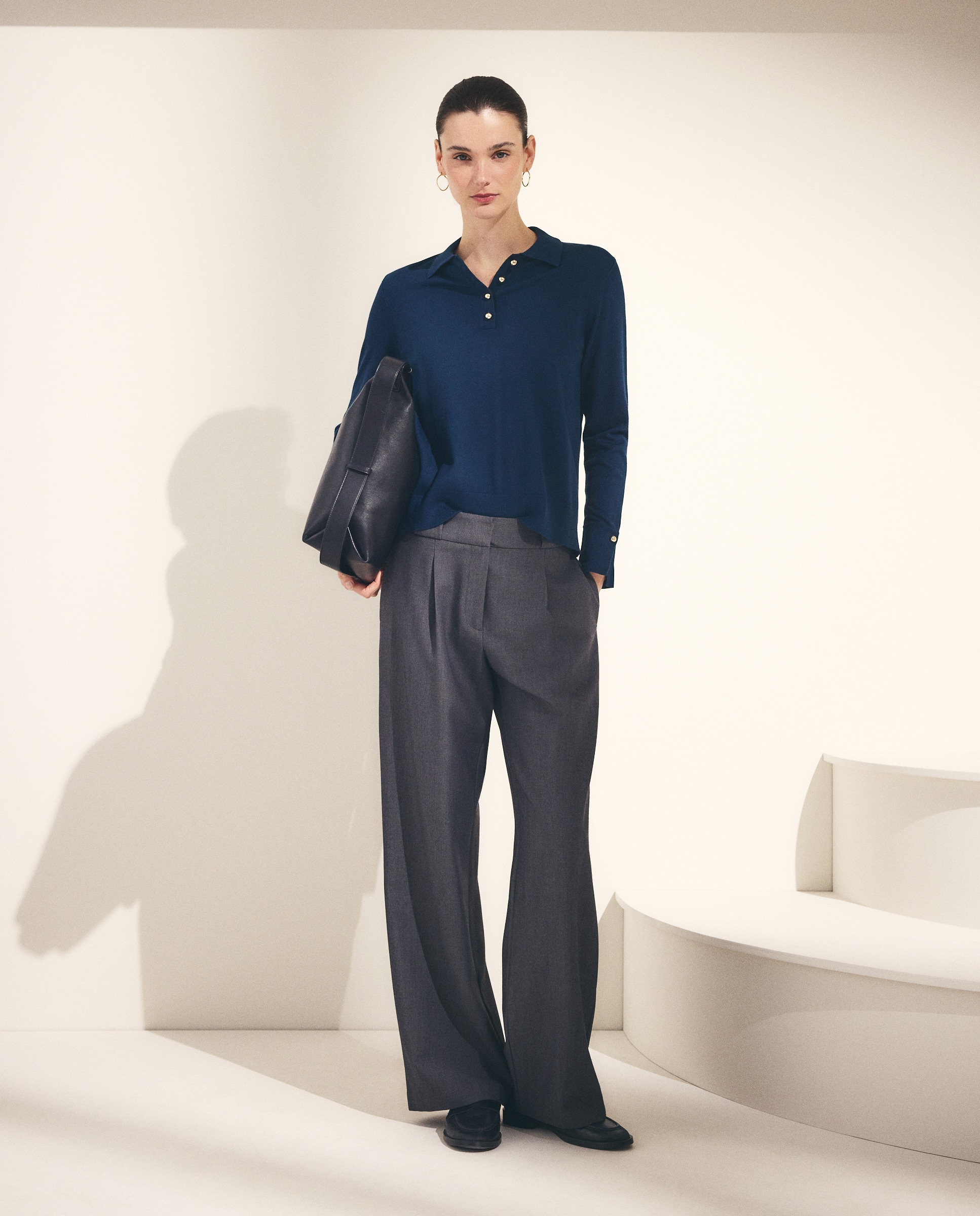 Camisola de Malha com Colarinho de Polo e Botões Grandes Azul-escuro-2
