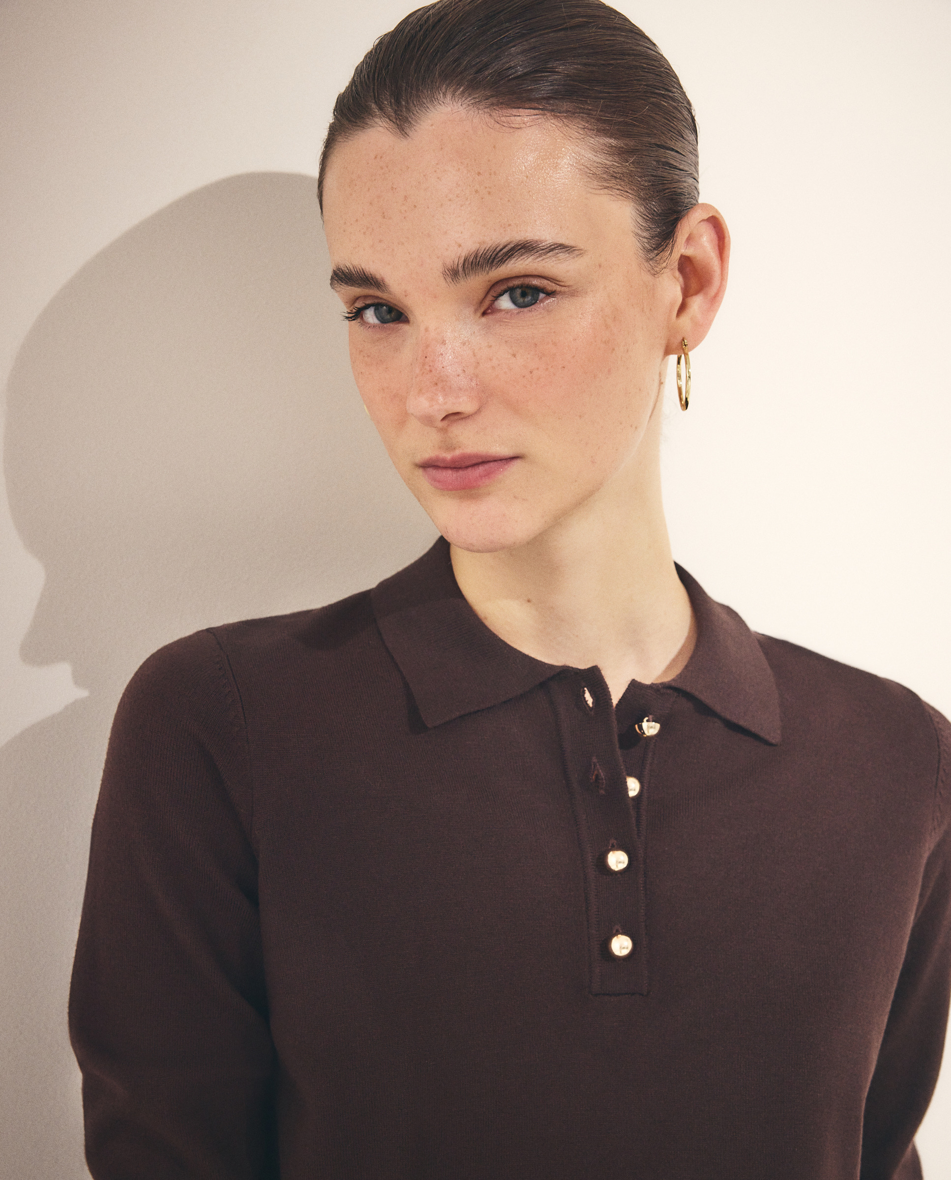 Camisola de Malha com Colarinho de Polo e Botões Grandes Castanho-3