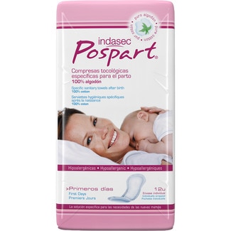 Posparto compresas tocológicas especificas para el parto 100% algodón bolsa 12 unidades - Indasec