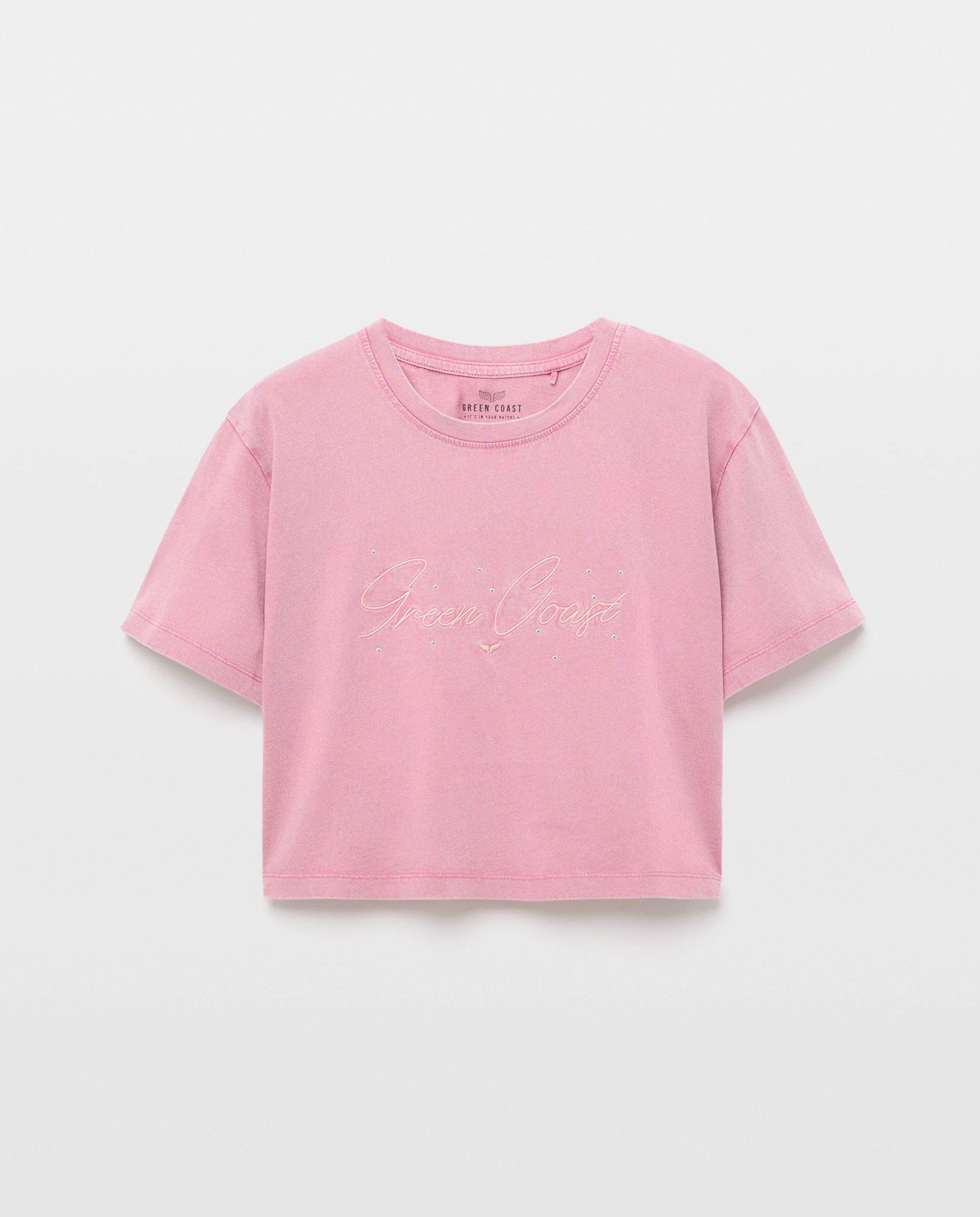 T-shirt com Efeito de Lavagem, Bordado e Tachas 230 Rosa Escuro-4