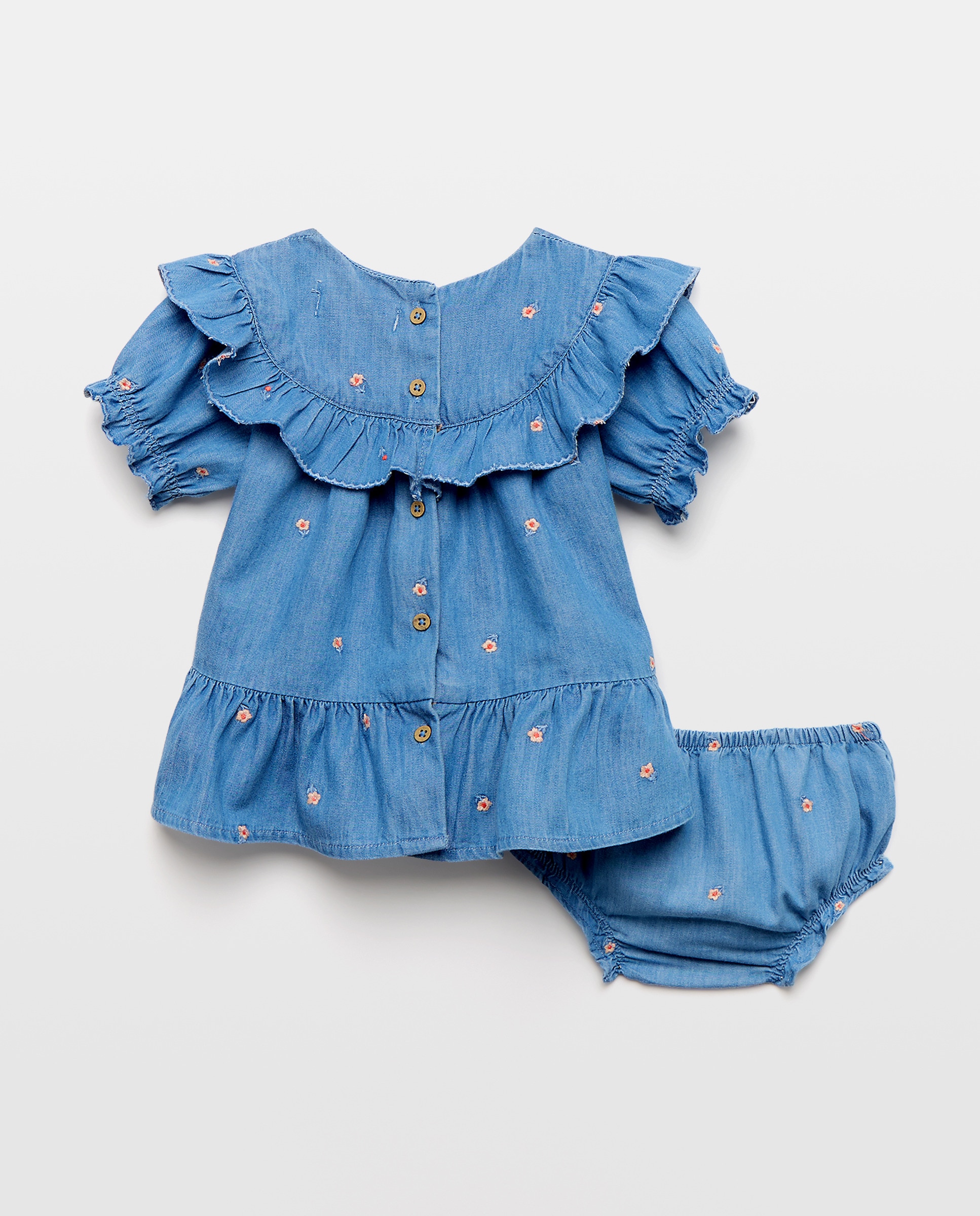 Vestido de Ganga de Bebé com Manga Curta e Bordado Baby El Corte Inglés 400 Azul-2