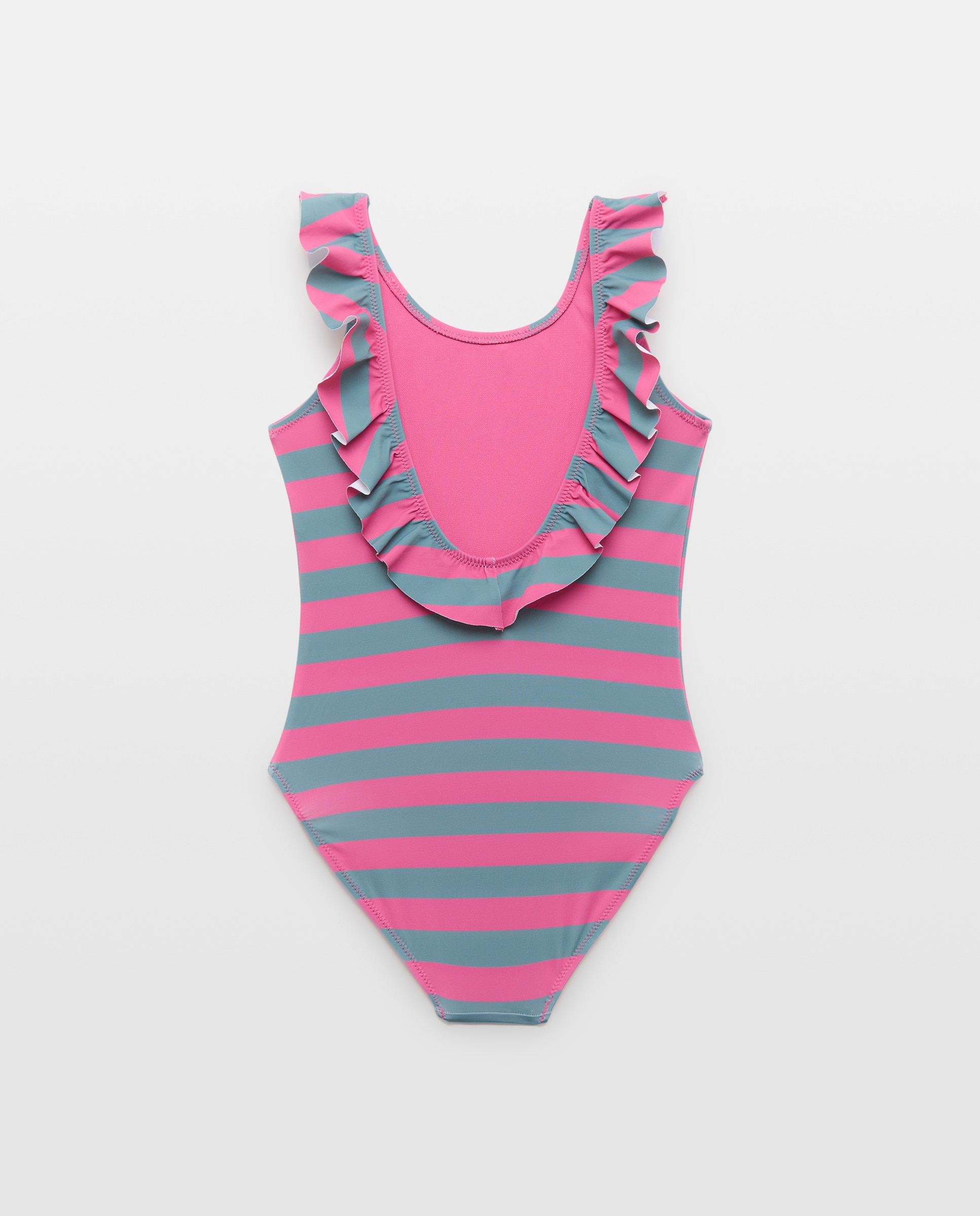Bañador niña volante rayas 240 Fucsia-2