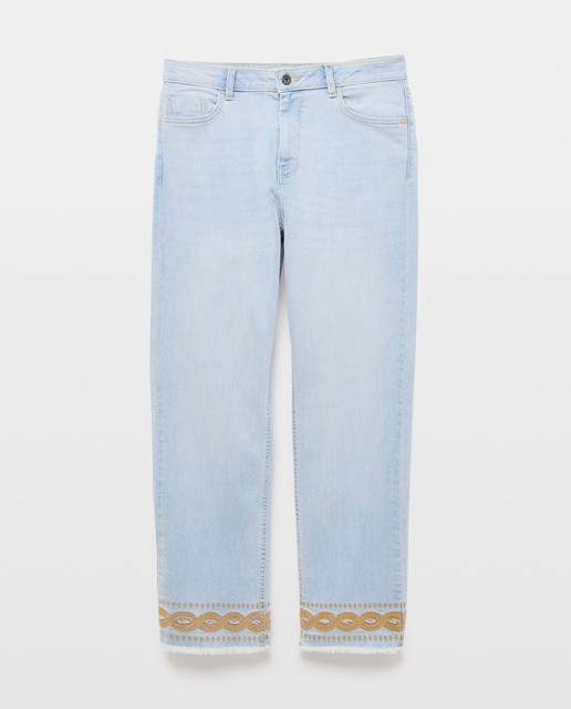 Imagen 0 de Pantalón 5 bolsillos denim bajo bordado de mujer