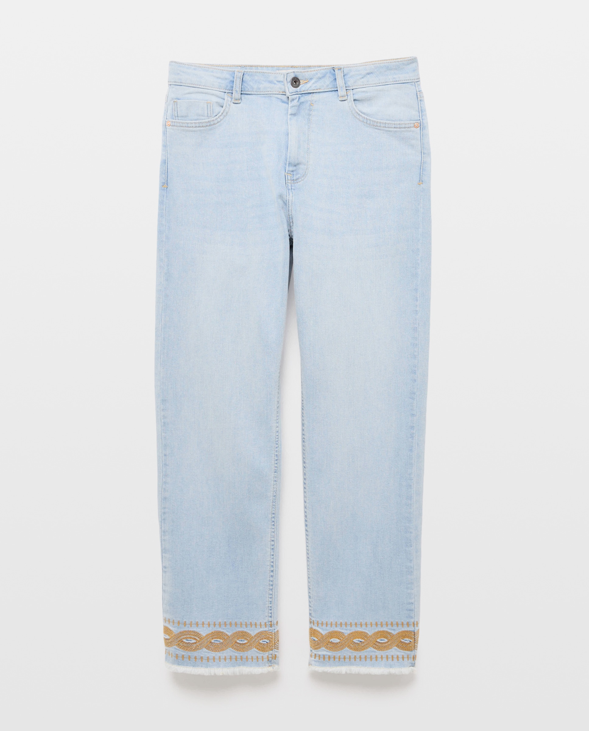 Jeans de 5 Bolsos com Bainha Bordada Cerúleo-4