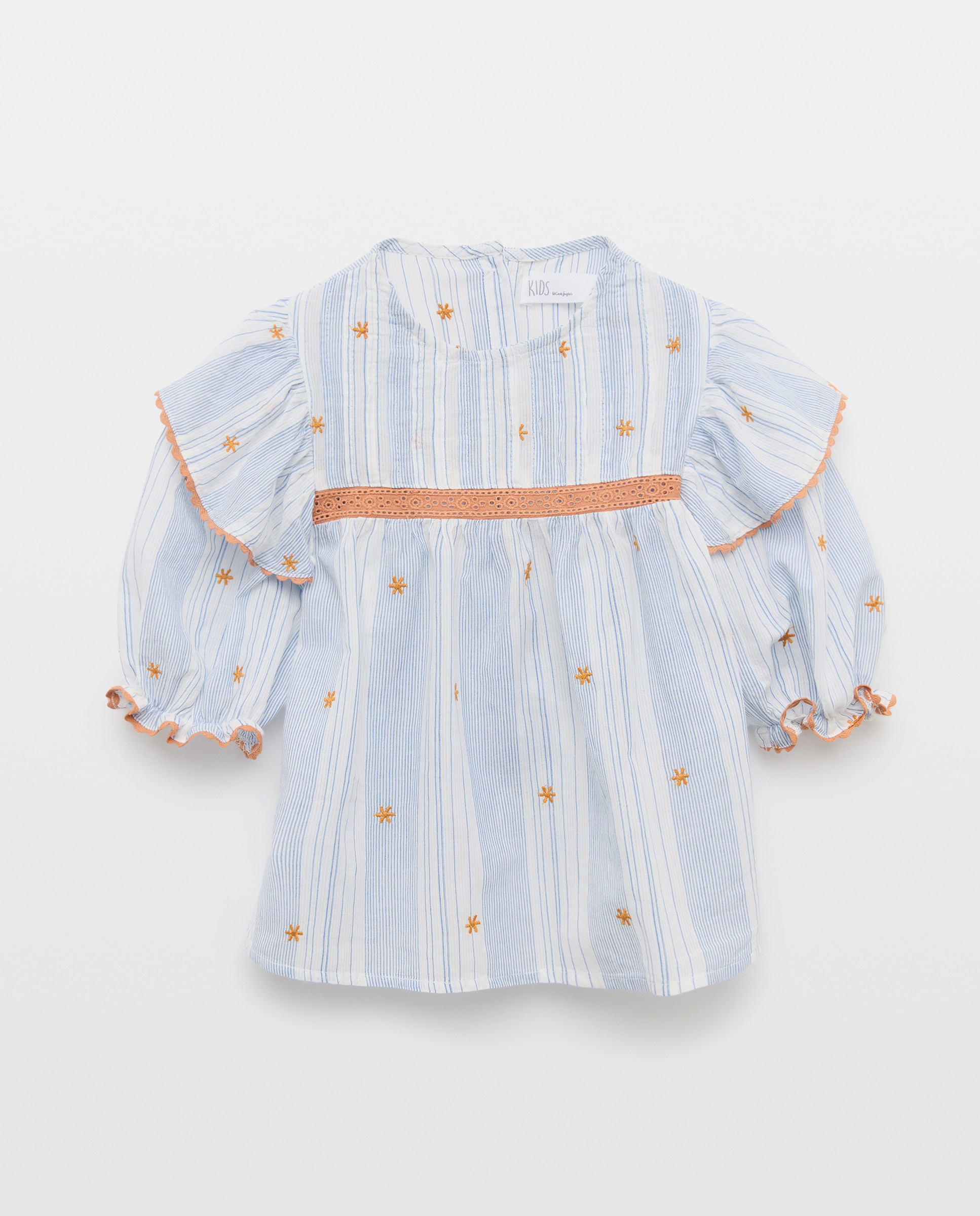Blusa de Manga Comprida Romântica às Riscas com Estampado Bordado no Peito com Pregas e Folho no Ombro Kids El Corte Inglés Branco-5