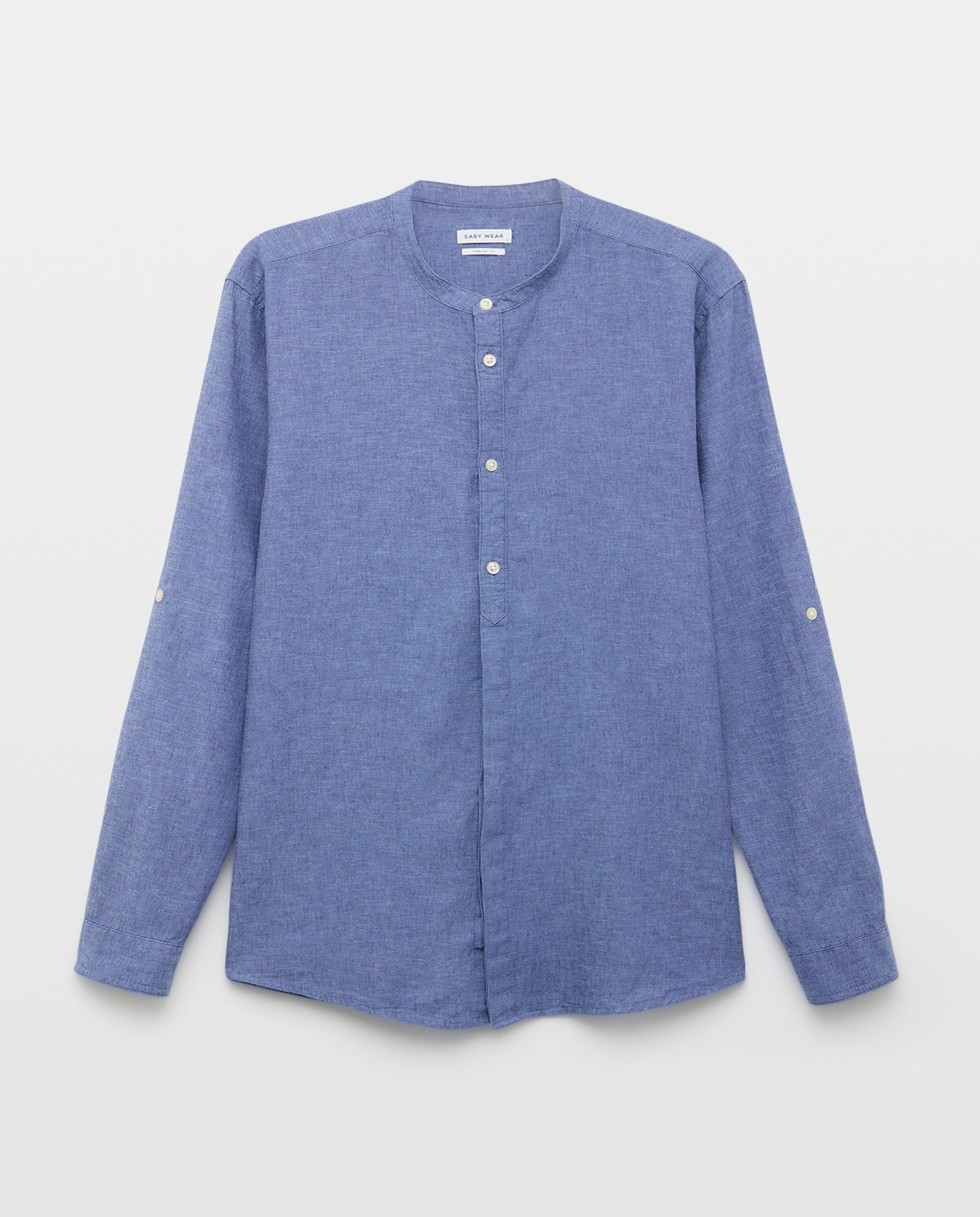 Camisa Lisa de Linho e Algodão com Manga Comprida e Gola à Padre Azul pálido-5