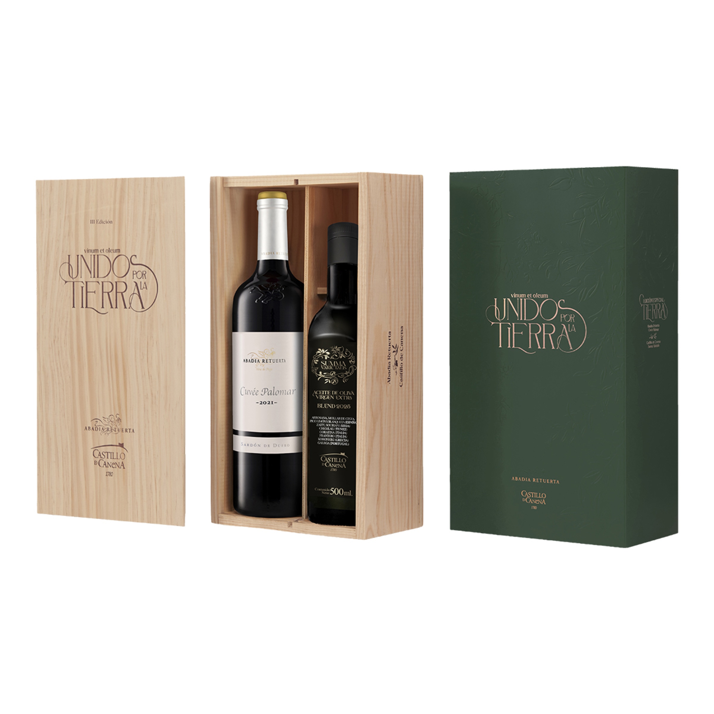 Imagen 0 de Estuche Unidos por la Tierra vino tinto Cuvée Palomar 2021 Abadia Retuerta y AOVE Summa Varietalis 2025 Castillo de Canenay