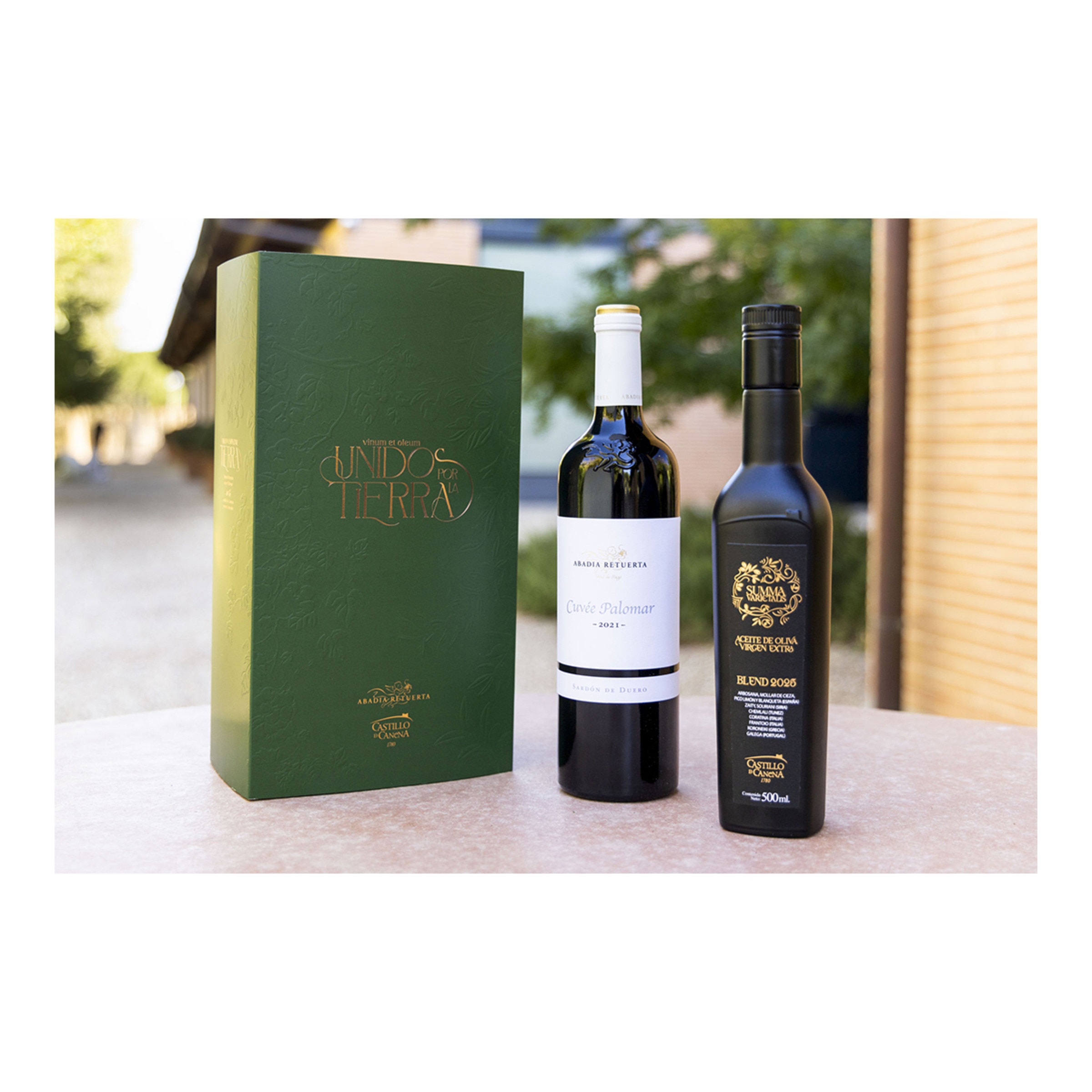 Estuche Unidos por la Tierra vino tinto Cuvée Palomar 2021 Abadia Retuerta y AOVE Summa Varietalis 2025 Castillo de Canenay 2