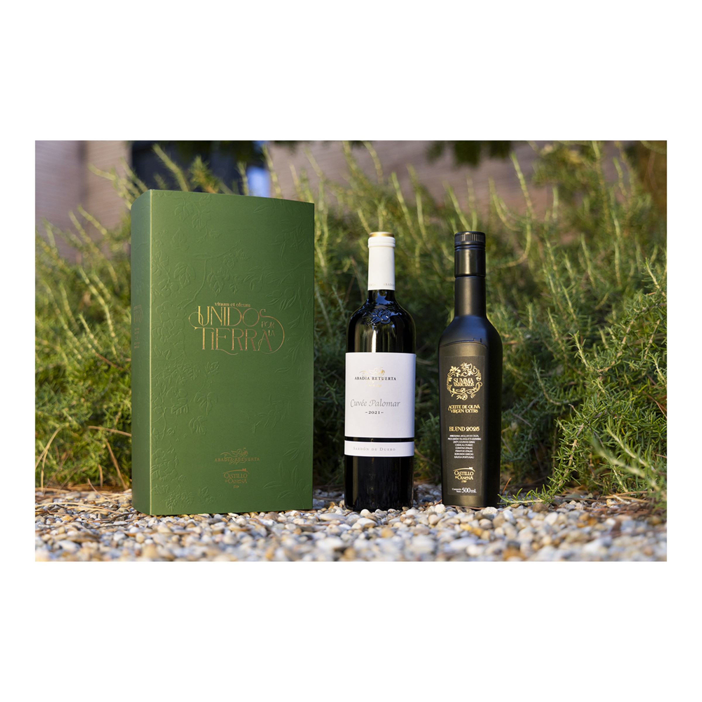 Estuche Unidos por la Tierra vino tinto Cuvée Palomar 2021 Abadia Retuerta y AOVE Summa Varietalis 2025 Castillo de Canenay 3