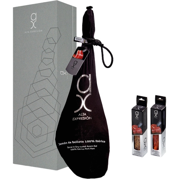 Etui Premium Collection mit Eichelschinken 100% vom iberischen Schwein Stück 7,5 kg + 2 Stränge luftgetrocknete Ibérico-Presa mit und ohne Paprika