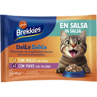 comida húmeda para gatos adultos Daily Delice pollo y pavo en salsa x 4 envase 85 g - Brekkies