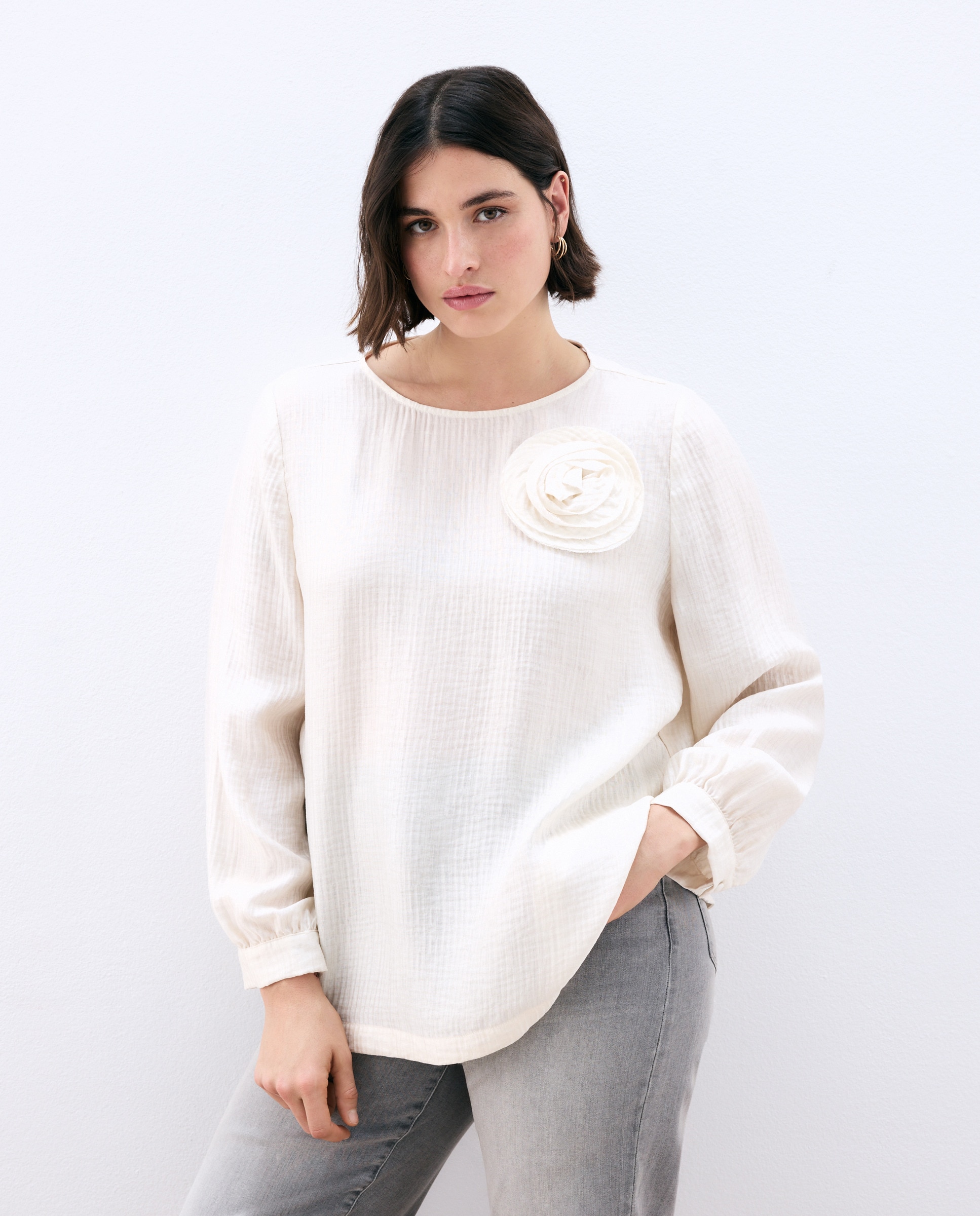 Camisa de Manga Comprida com Estampado Floral Branco-marfim-2