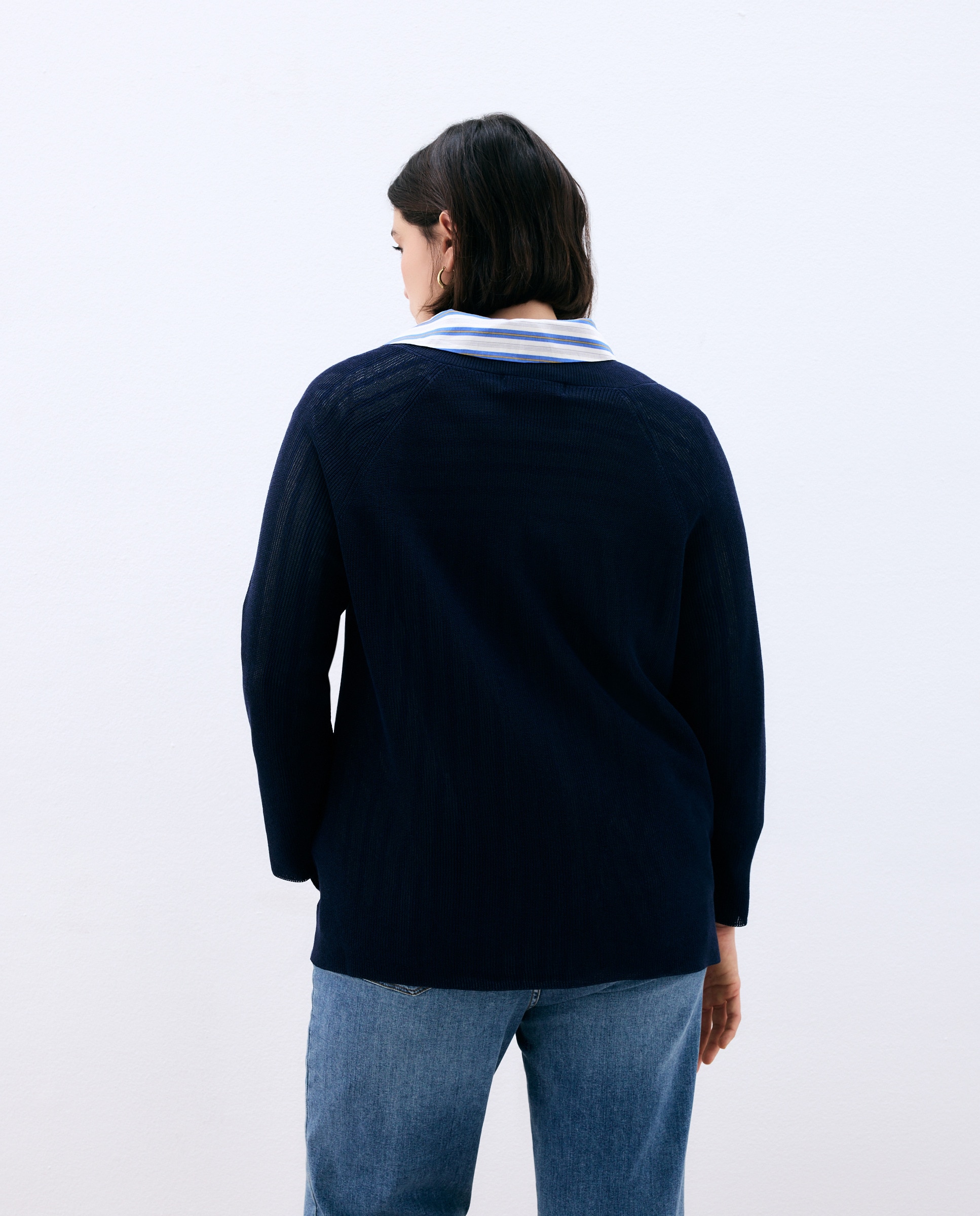 Camisola de Malha com Decote em Bico e Estrutura 430 Azul Escuro-4