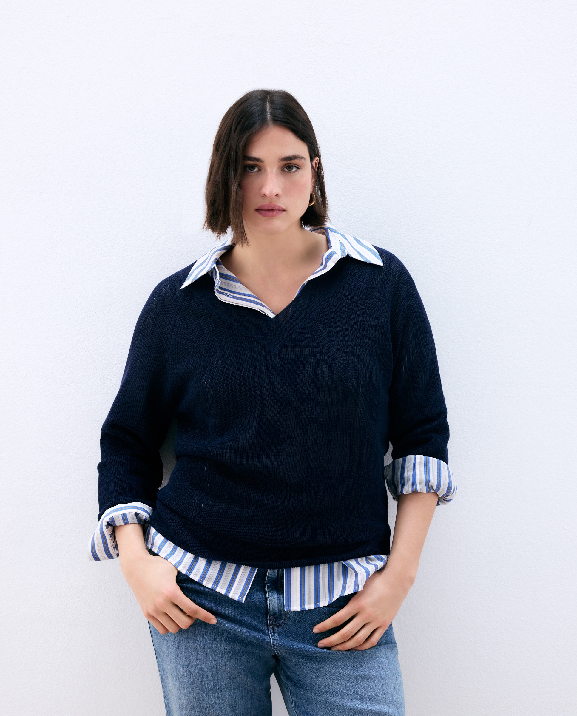 Camisola de Malha com Decote em Bico e Estrutura 430 Azul Escuro-3