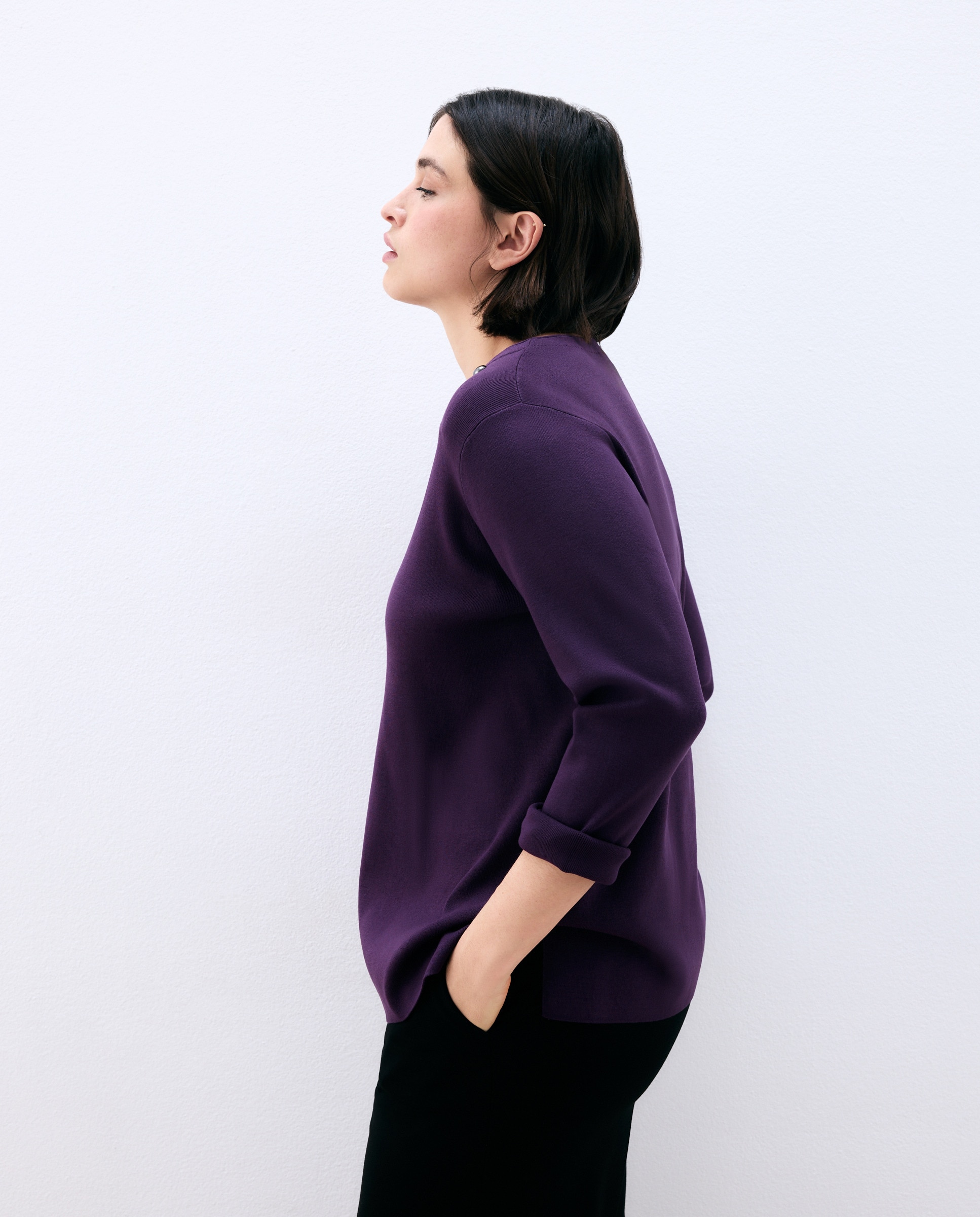 Camisola de Malha com Decote em Bico e Botões de Pressão Roxo-2