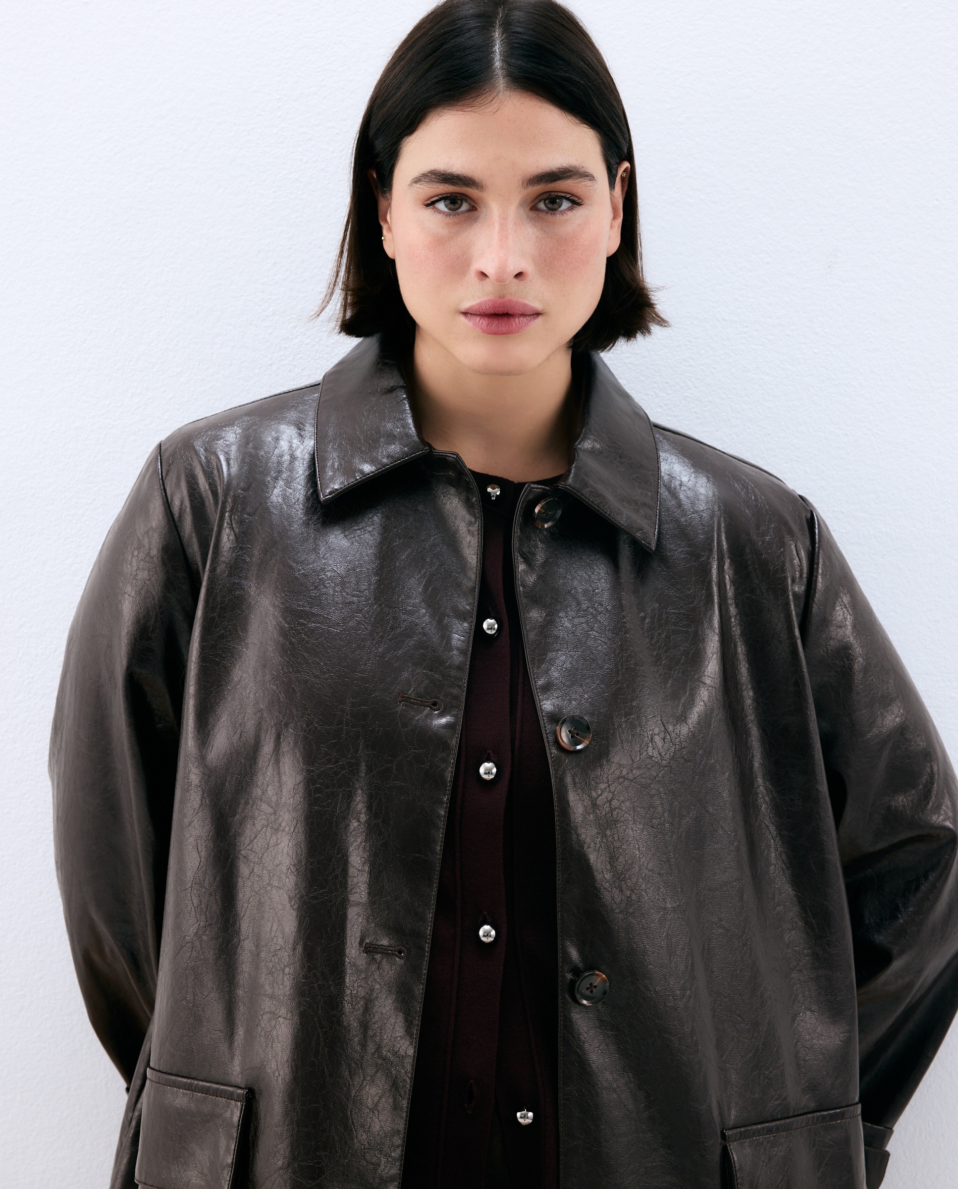 Casaco Comprido com Efeito de Pele Bordeaux-6