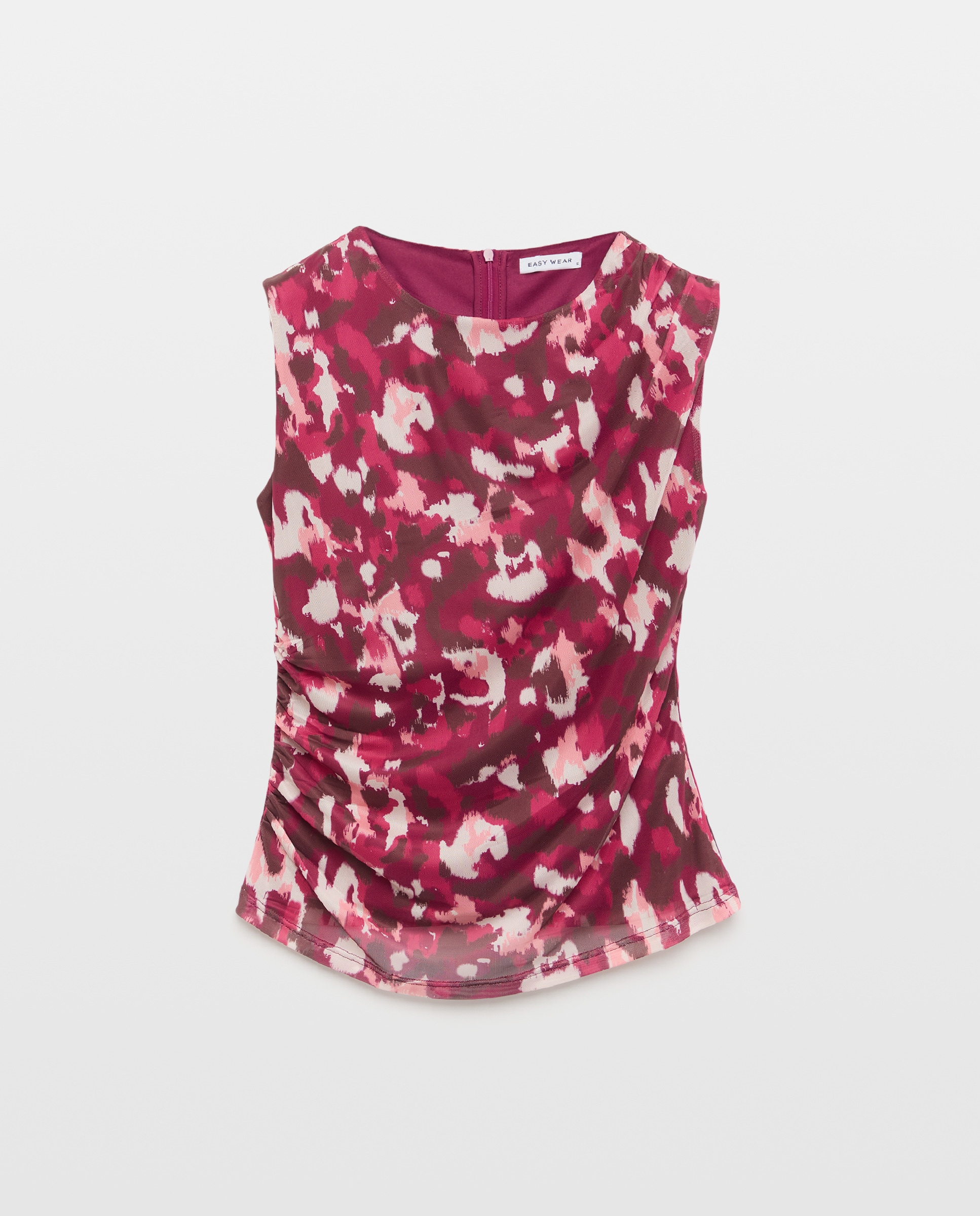 T-shirt de Tule Estampado com Franzidos Vermelho-5