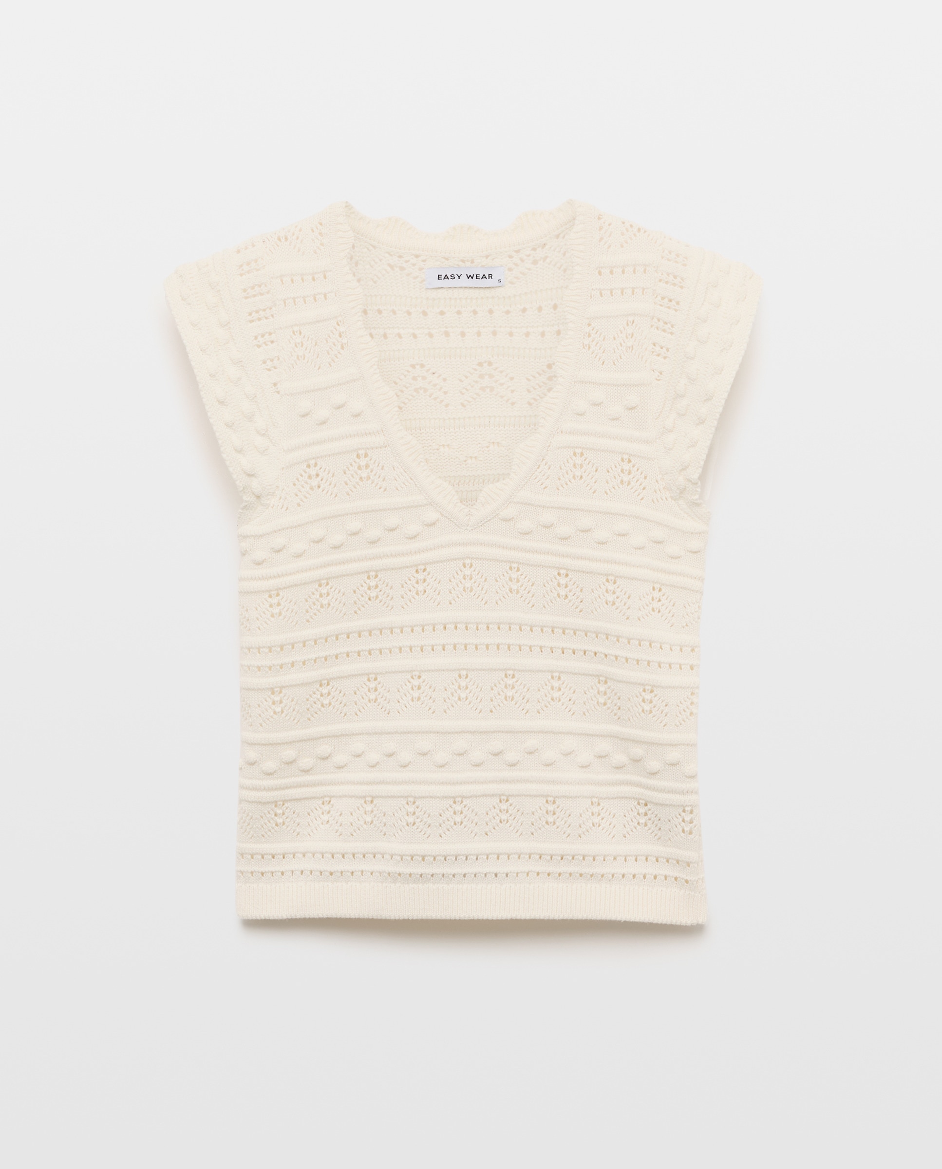Camisola de Malha com Detalhe de Ondas no Decote e Riscas Branco-4