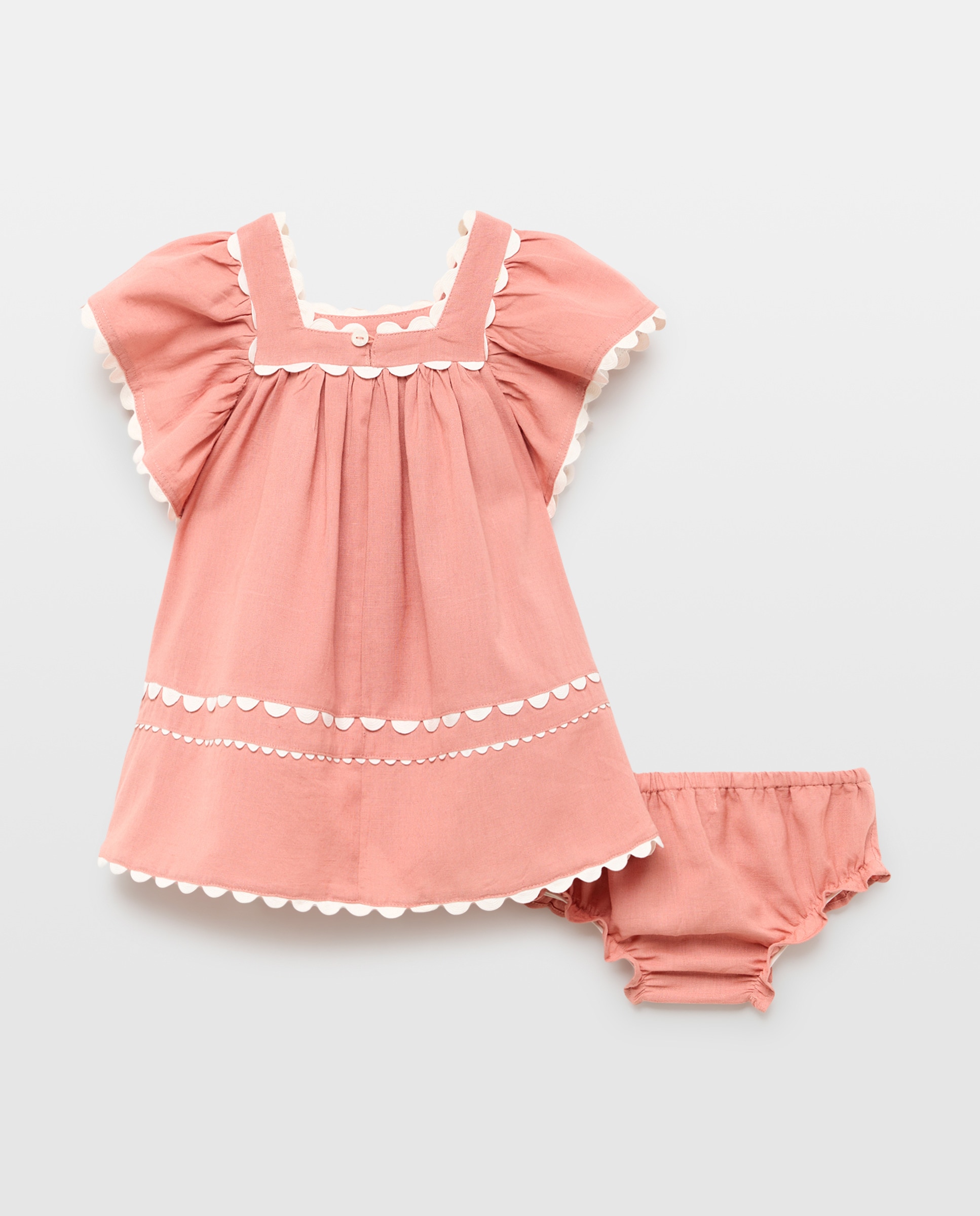 Vestido bebé de lino con cinta zigzag 230 Rosa oscuro-2