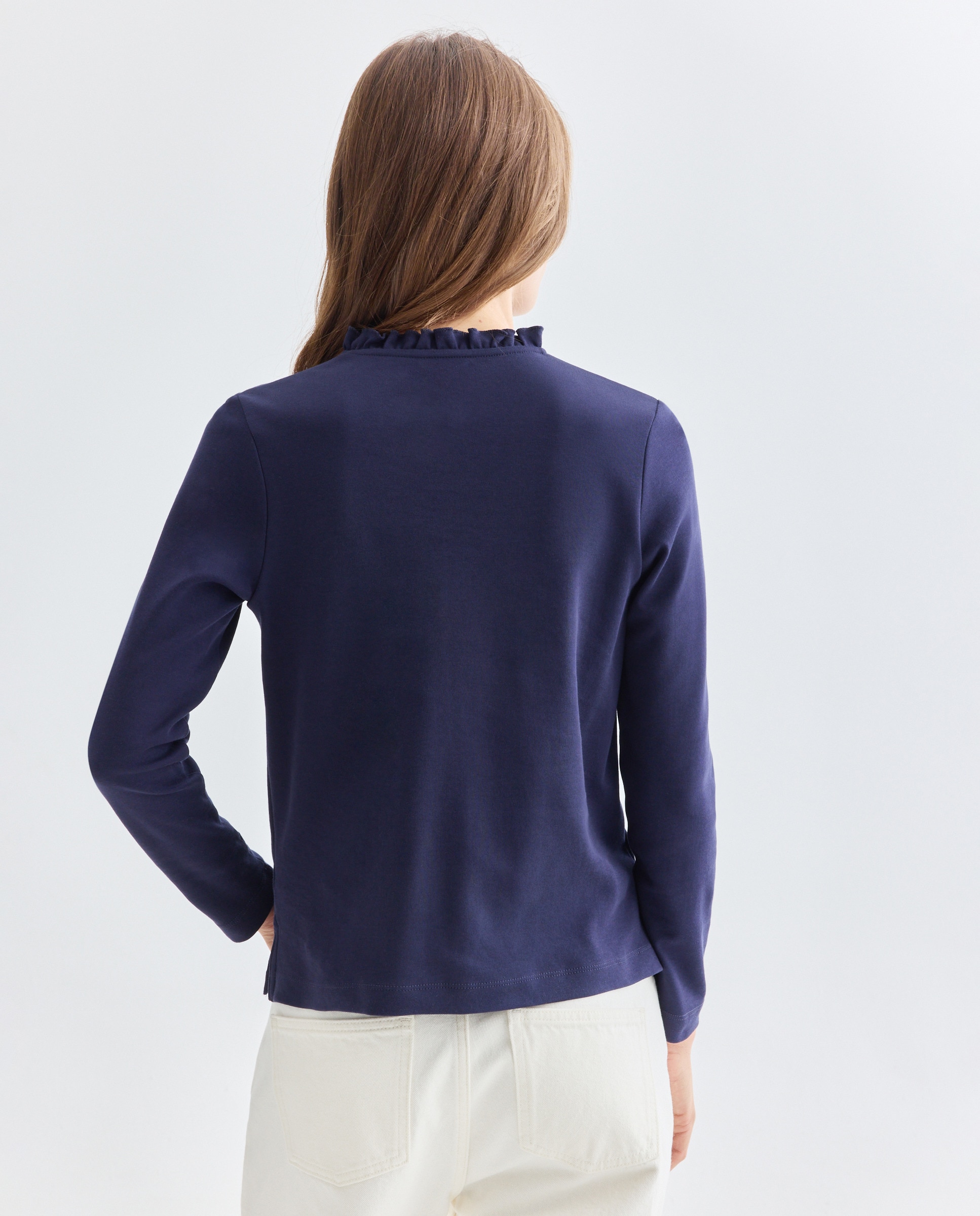 Camiseta de mujer cuello caja con volantes 430 Azul oscuro-3