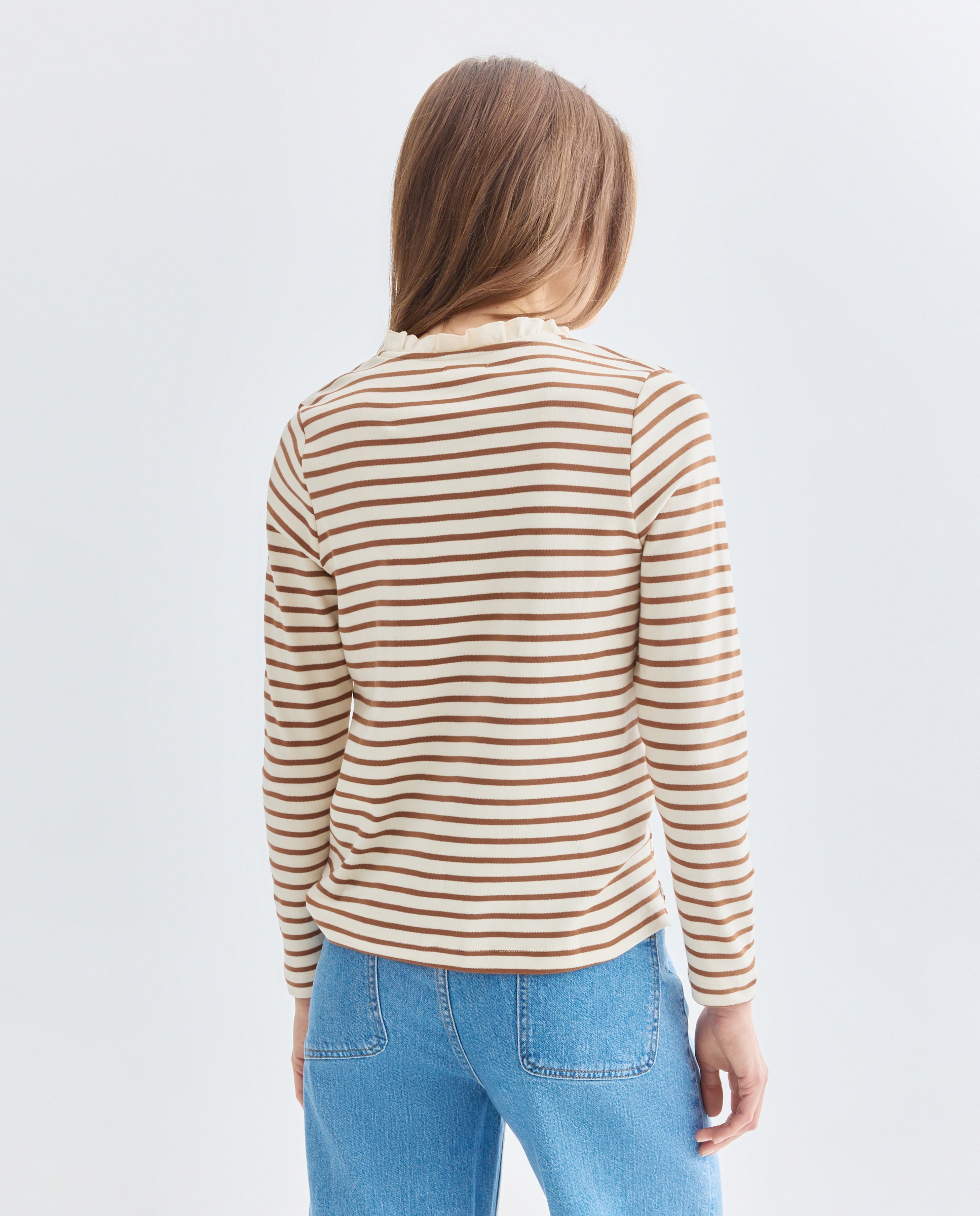 Camiseta de mujer cuello caja con volantes Blanco-3