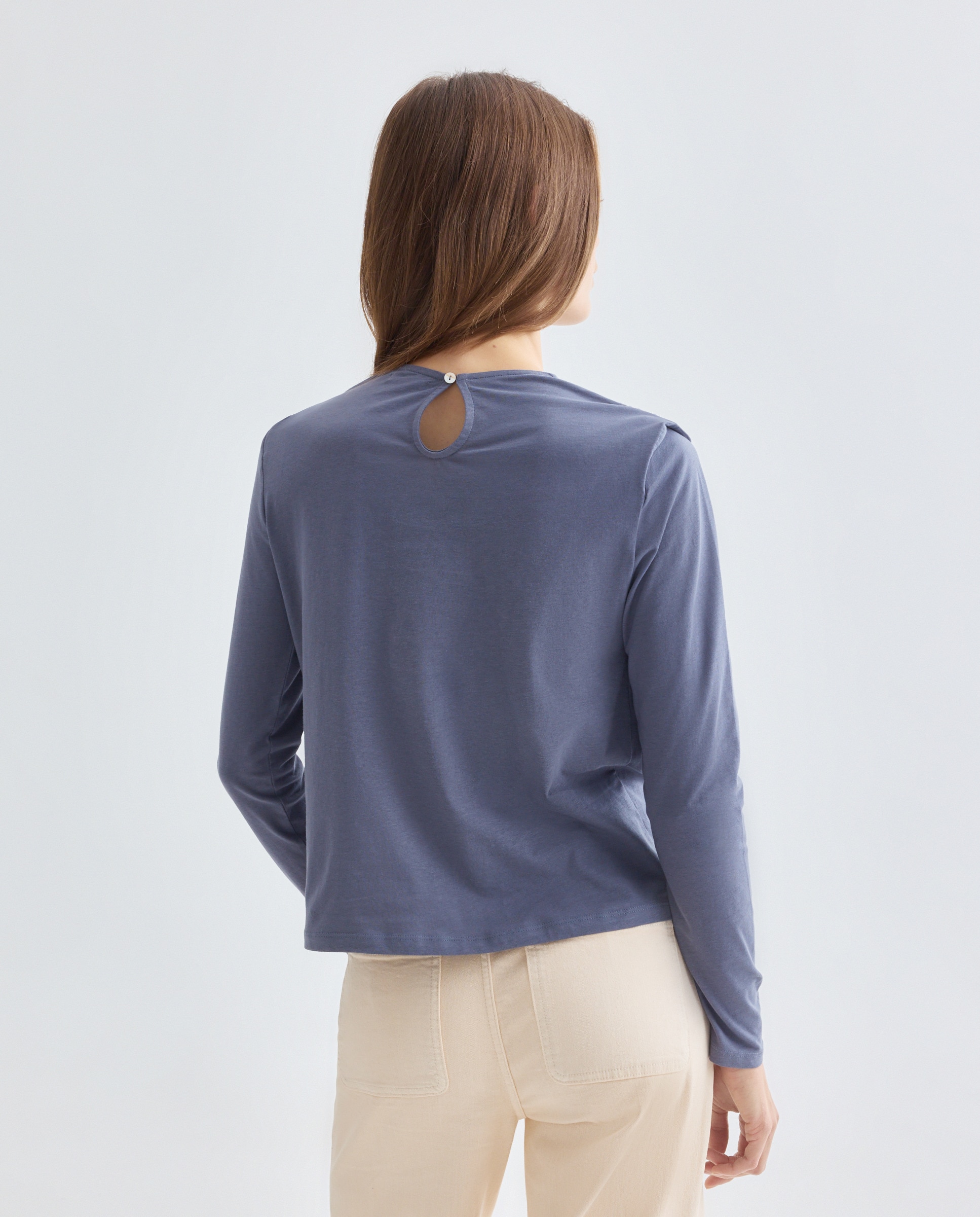 Camiseta de mujer cuello caja con fruncido 400 Azul-3