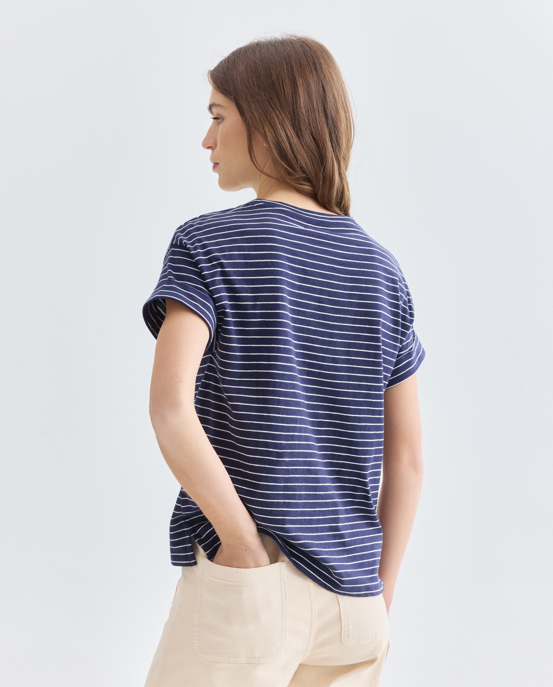 Camiseta básica de mujer cuello caja de rayas Azul marino-3