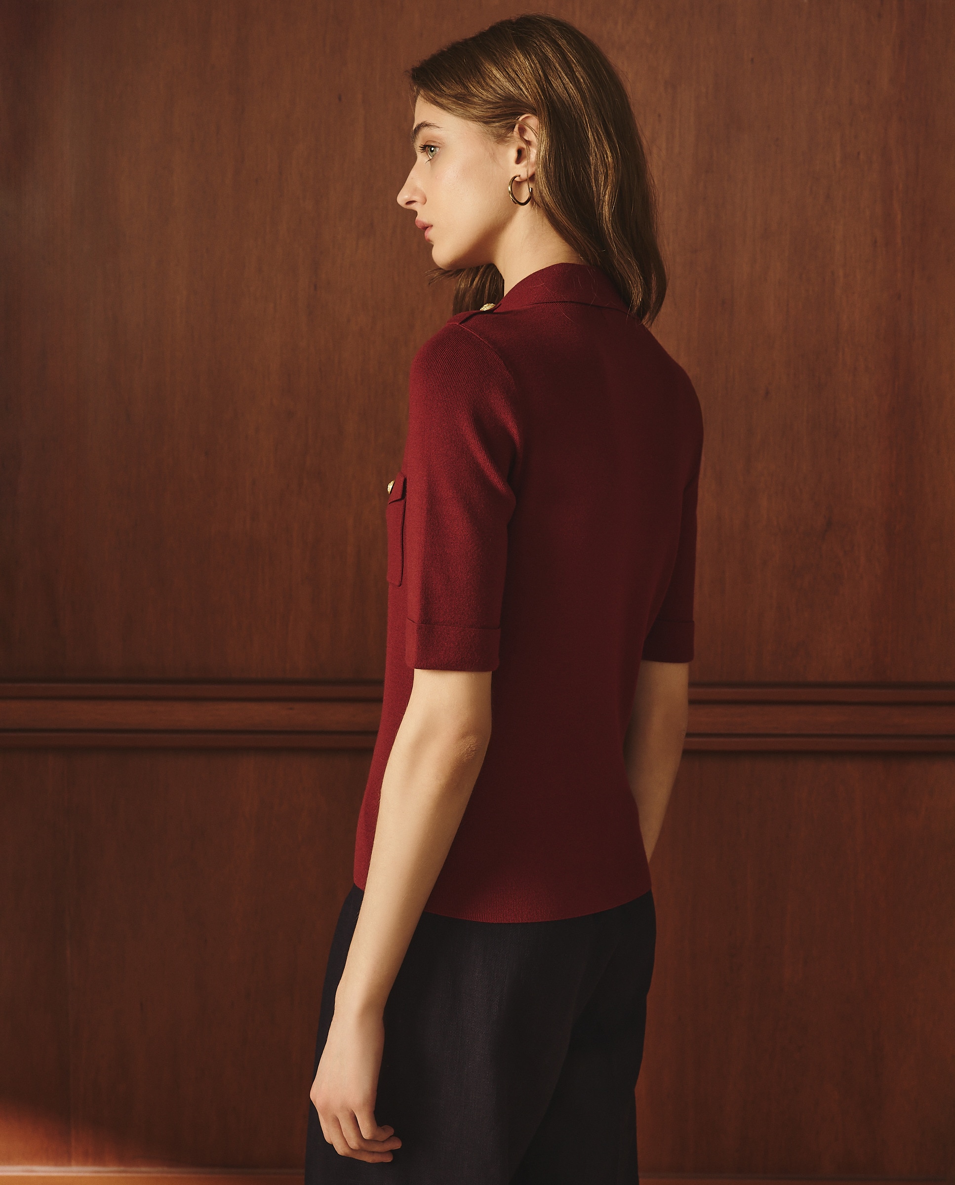 Camisola de Malha às Riscas com Colarinho Tipo Polo Vermelhão-4