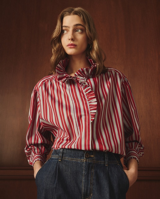 Imagem 0 de Blusa às Riscas com Folho - Vermelho