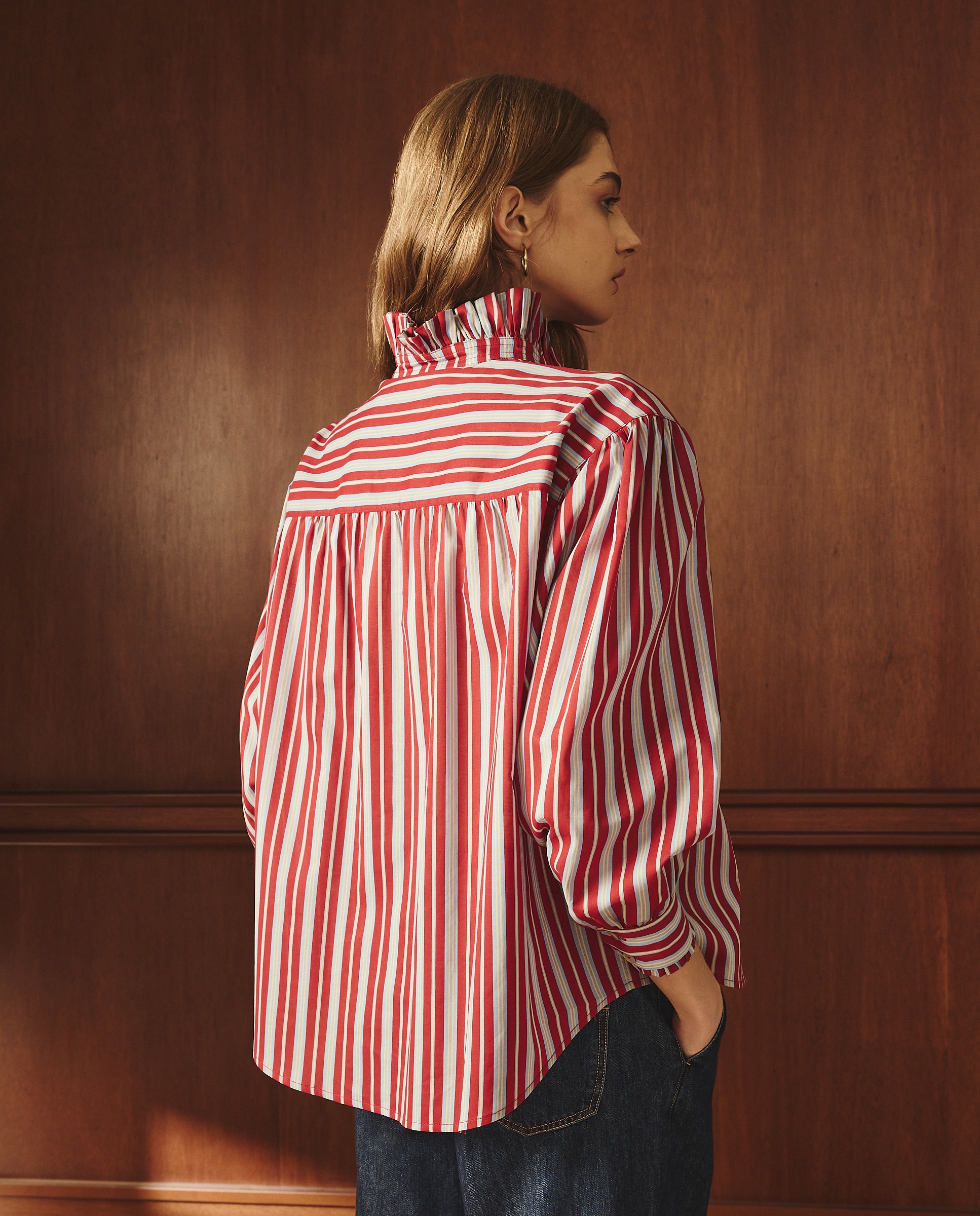 Blusa às Riscas com Folho - Vermelho Vermelho-4