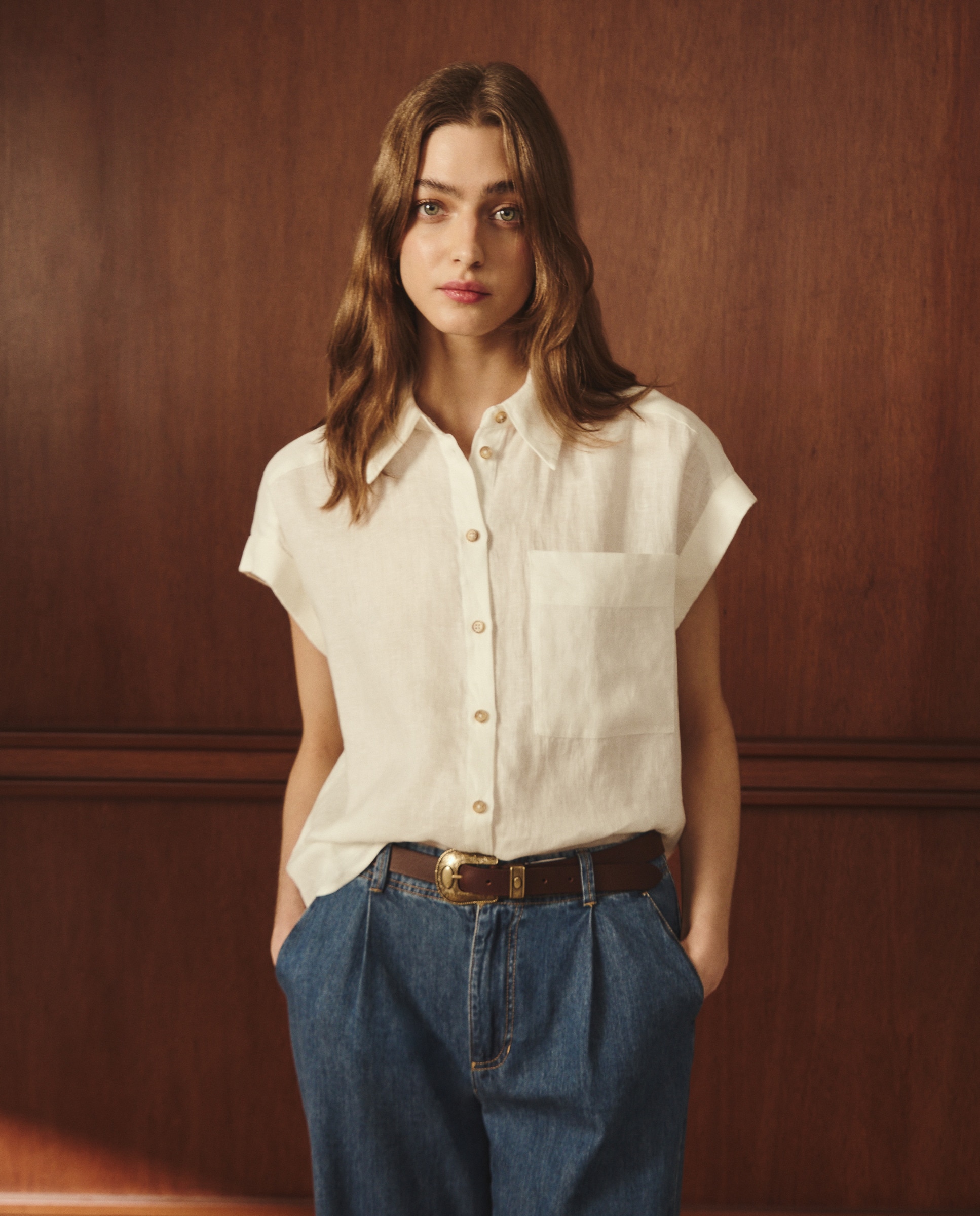 Camisa de linho com manga curta 120 Cru-2