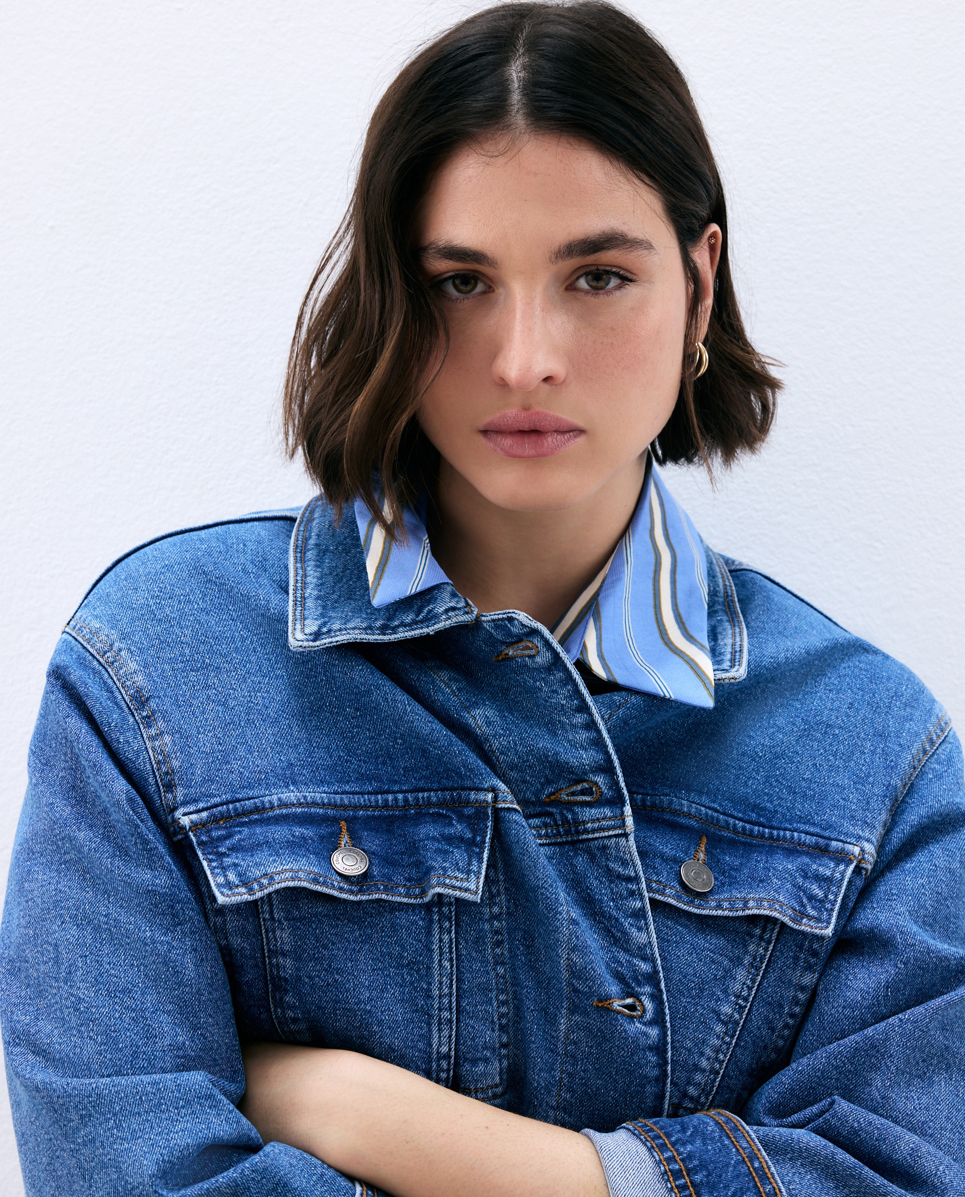 Blusão de ganga básico de mulher Azul pálido-3