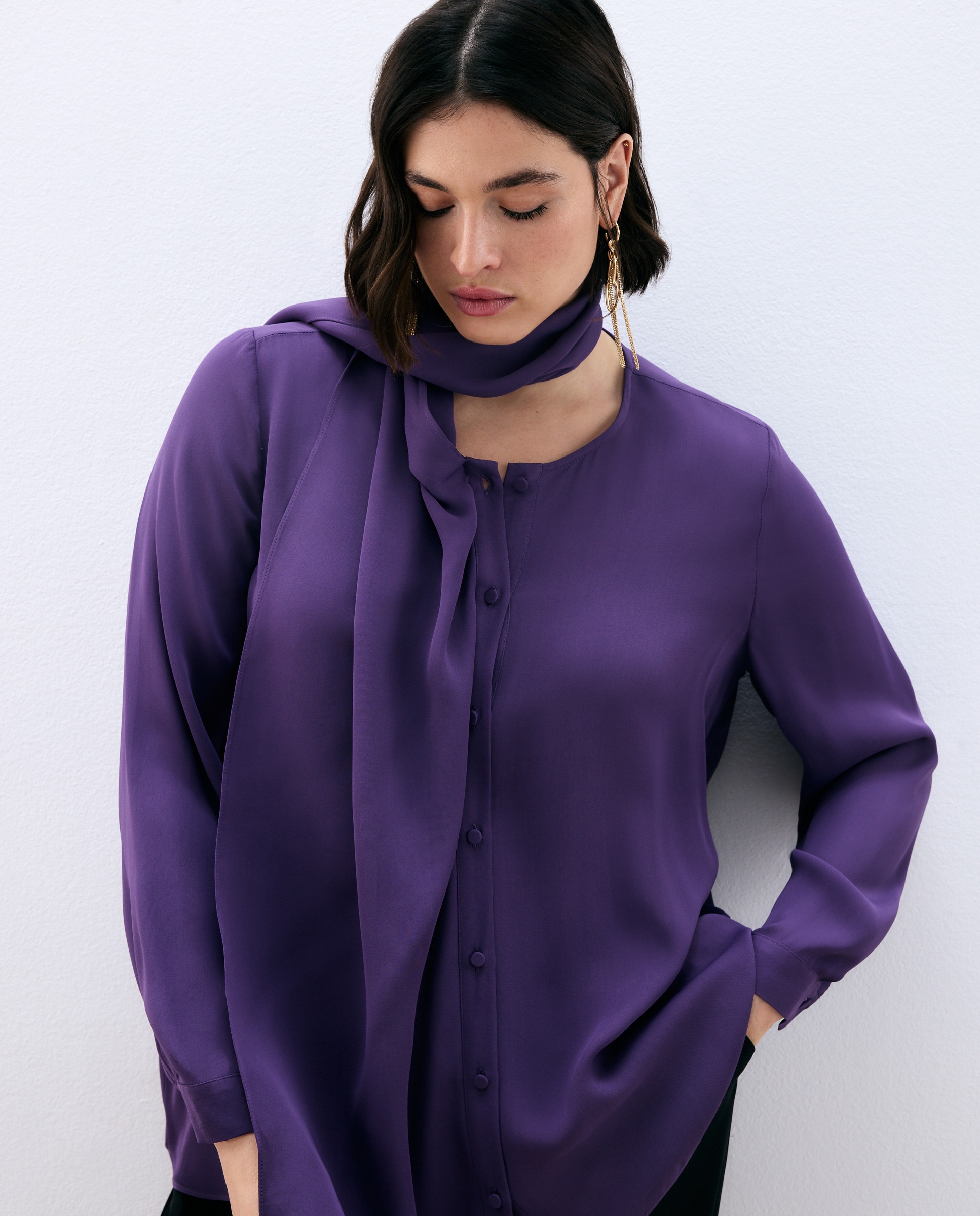 Camisa de Manga Comprida com Folho à Frente Roxo-4