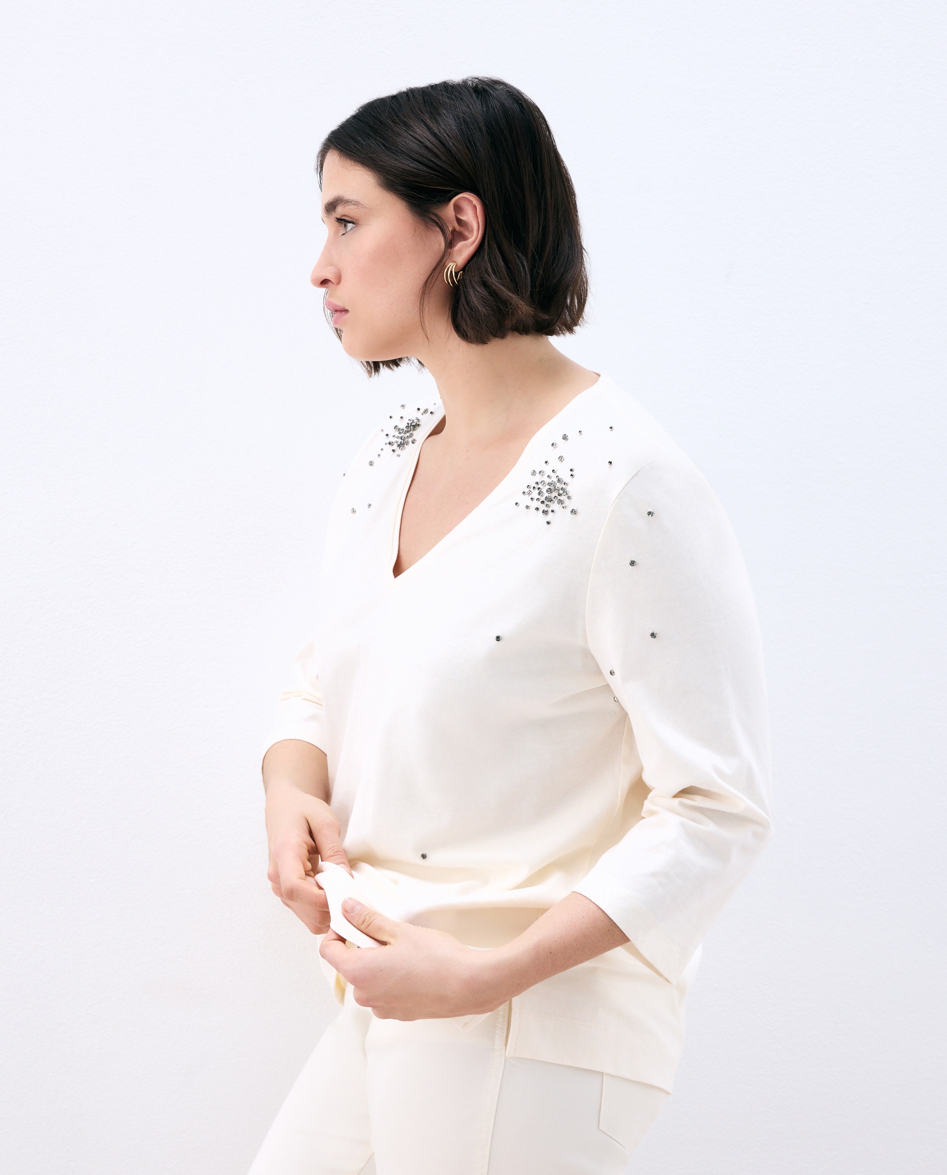 Camisola com Manga Comprida e Decote em Bico 120 Cru-2