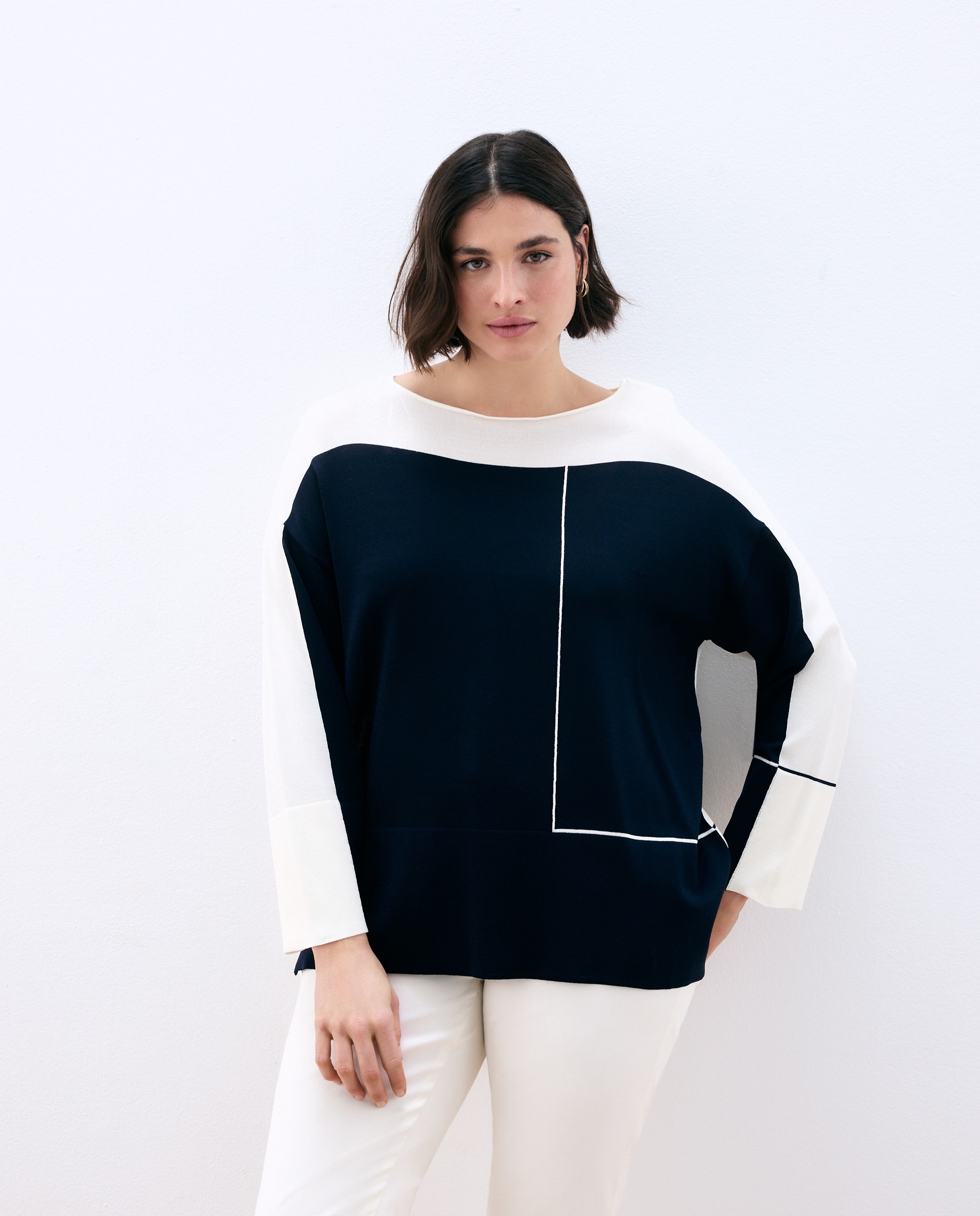 Camisola de Malha com Decote à Barco e Color Block Azul-marinho-2