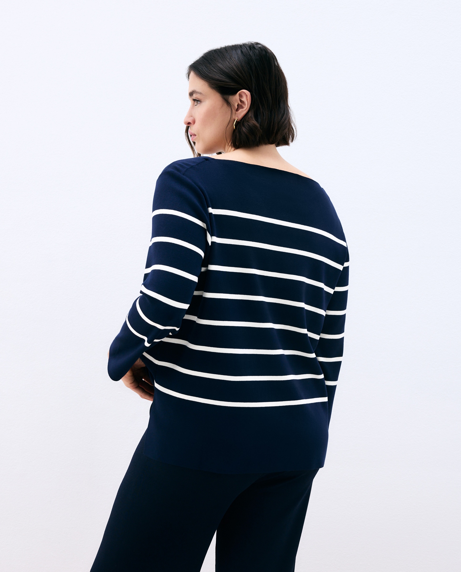 Camisola de malha às riscas com decote à barco Azul-3