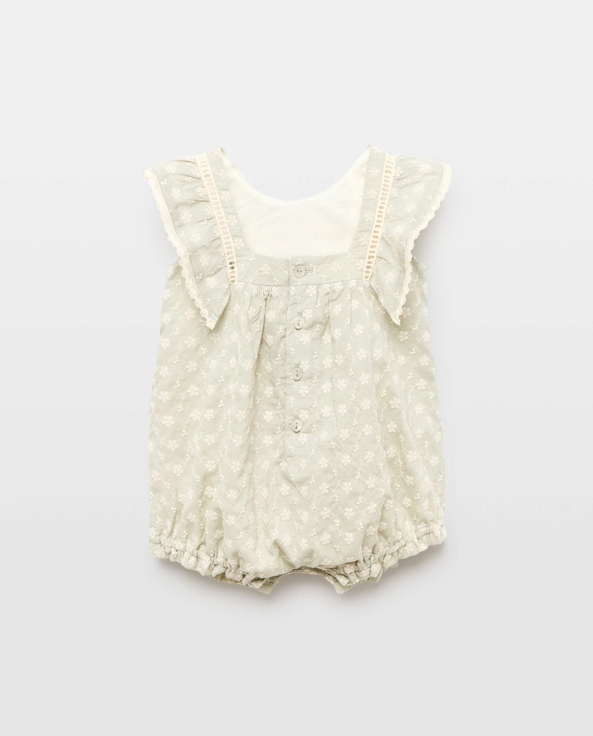 Babygrow de Manga Curta de Bebé com Folho e Tira Bordada em Popelina com Bordado Coconut El Corte Inglés 560 Azeitona-2