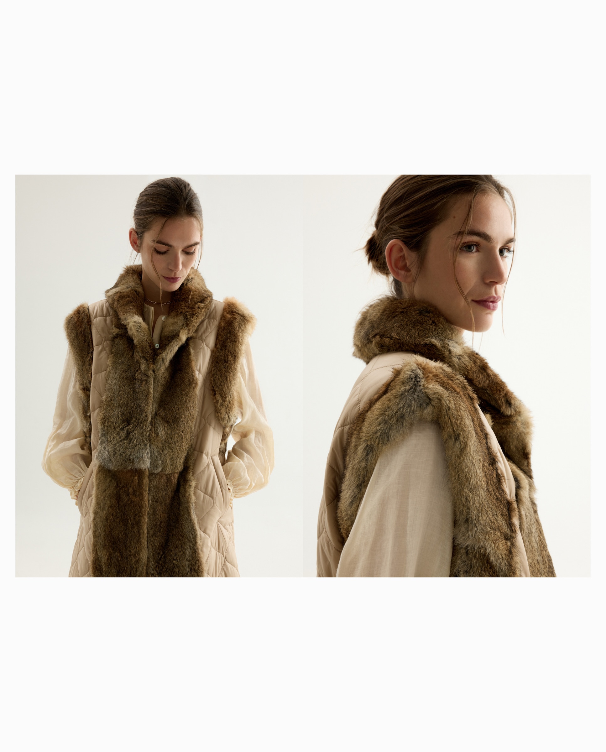 Colete Comprido de Nylon com Pelo de Coelho Bege-4