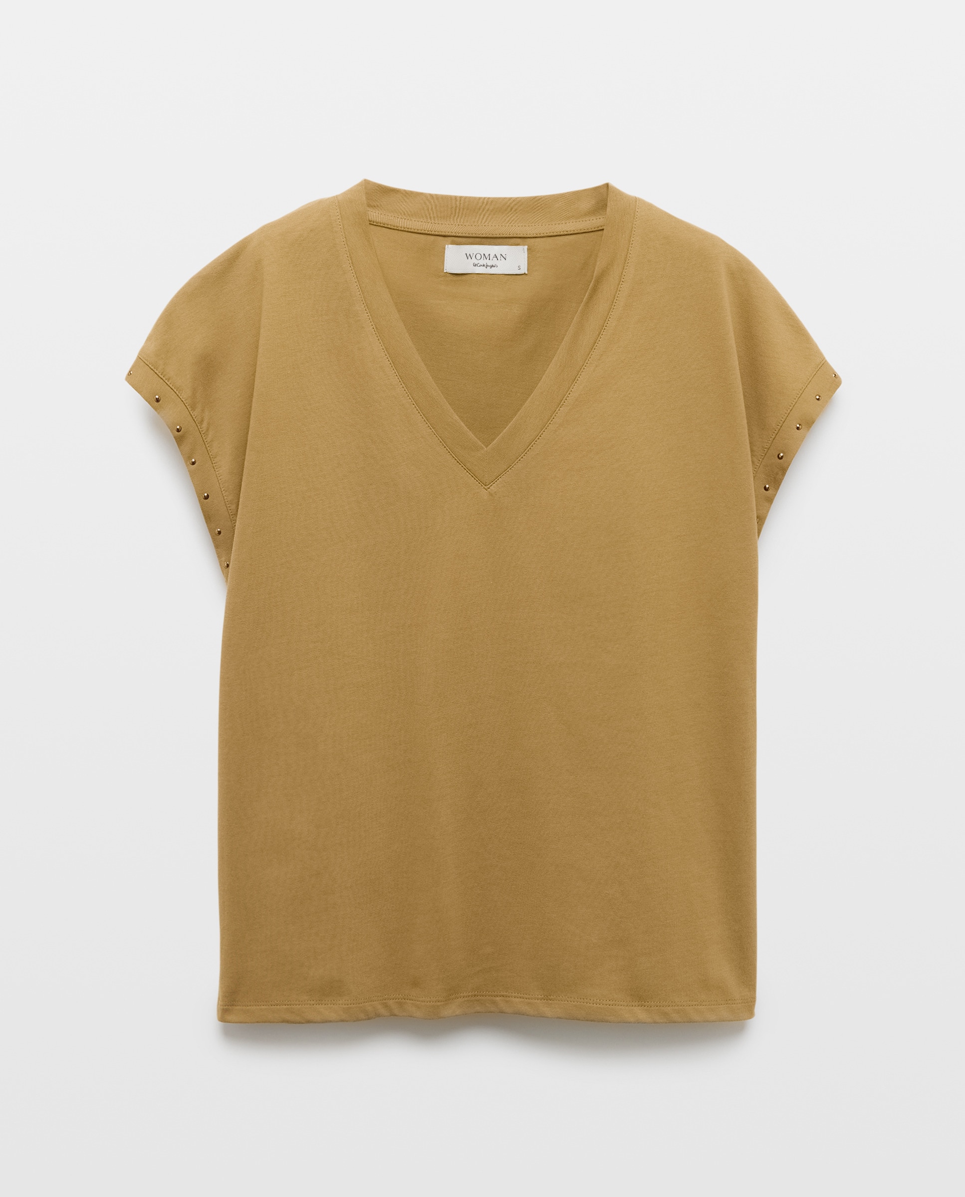 T-shirt de Manga Curta com Decote em Bico e Tachas nas Mangas 520 Caqui-4