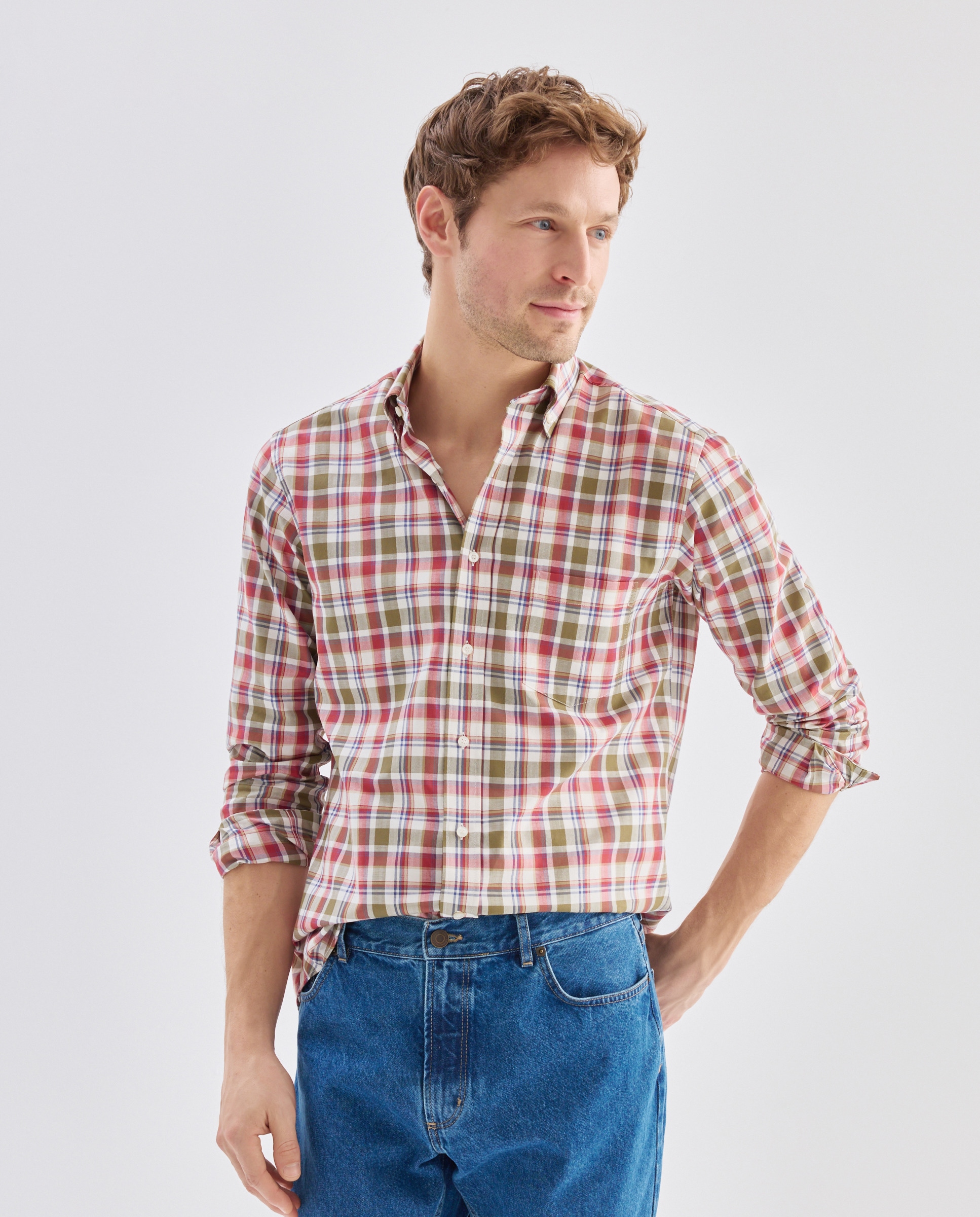 Camisa Casual de Manga Comprida e aos Quadrados Grená-1