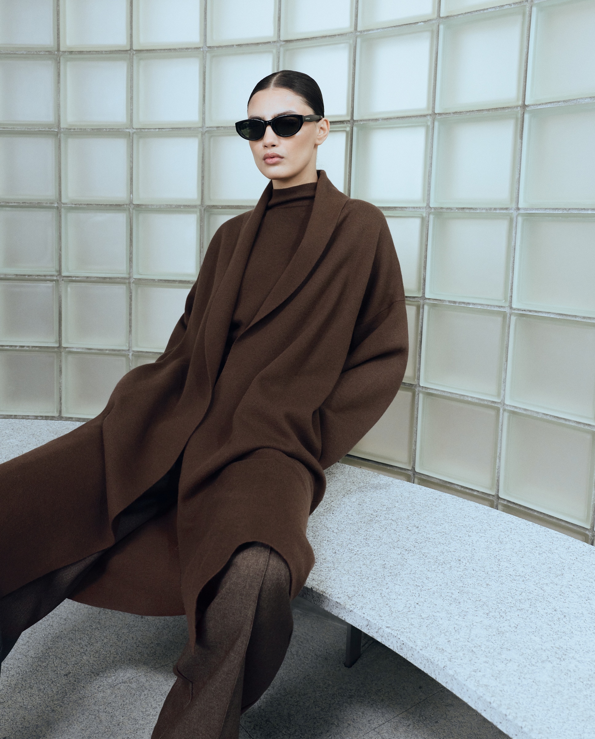 Sobretudo de Tricot com Gola de Lapela Castanho-2